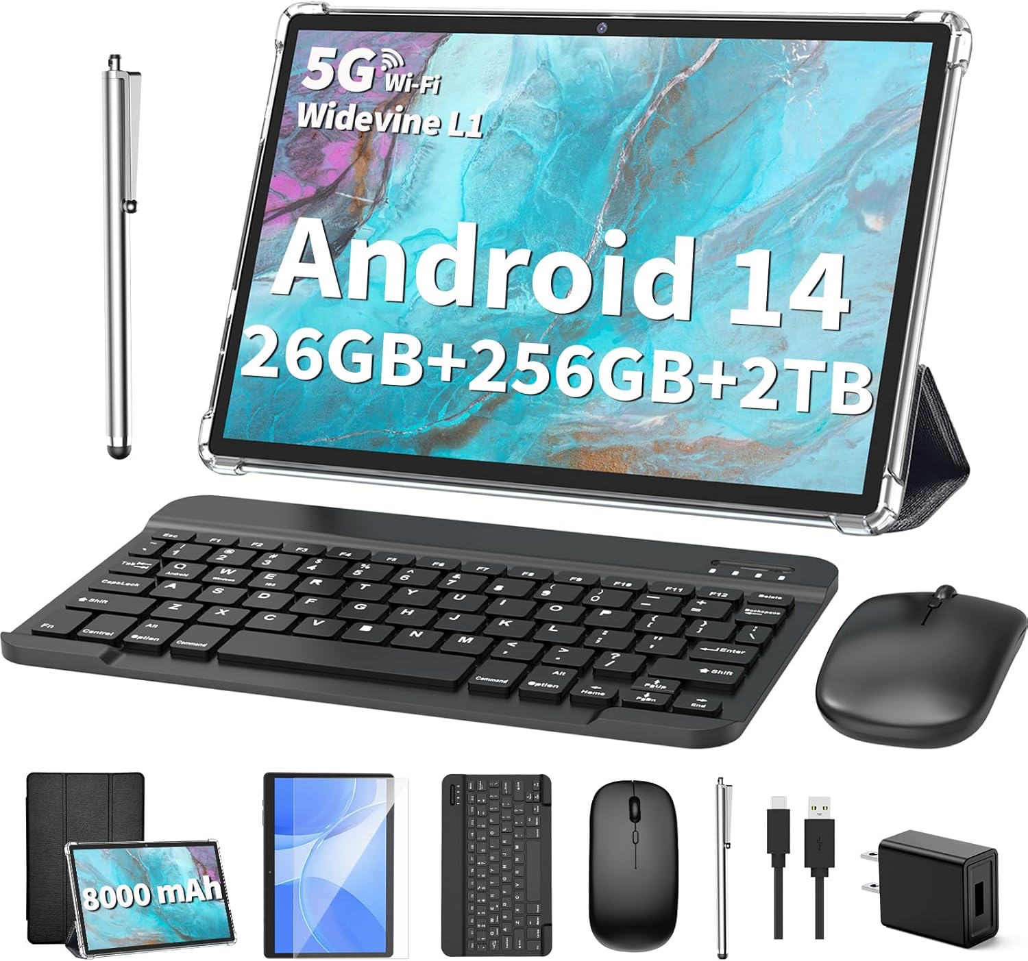 2025 Tablet, Android 14 Tablets 10 inch with Keyboard, 26GB RAM+256GB ROM(2TB Expand), 2-in-1 Tablets with 8-Core, 8000mAh, 5G WiFi, Widevine L1, GMS, with Case, Keyboard, Mouse, Stylus(Black)