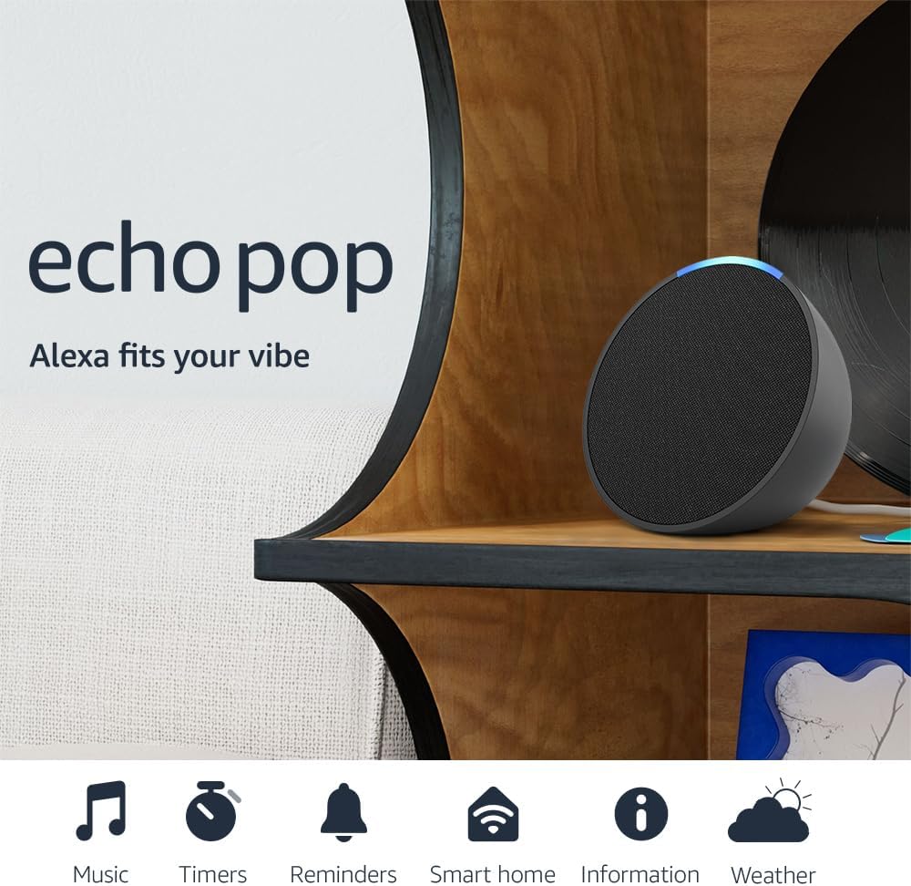 Amazon Echo Pop (newest model), Our smallest Alexa speaker, Fits in any room, Charcoal