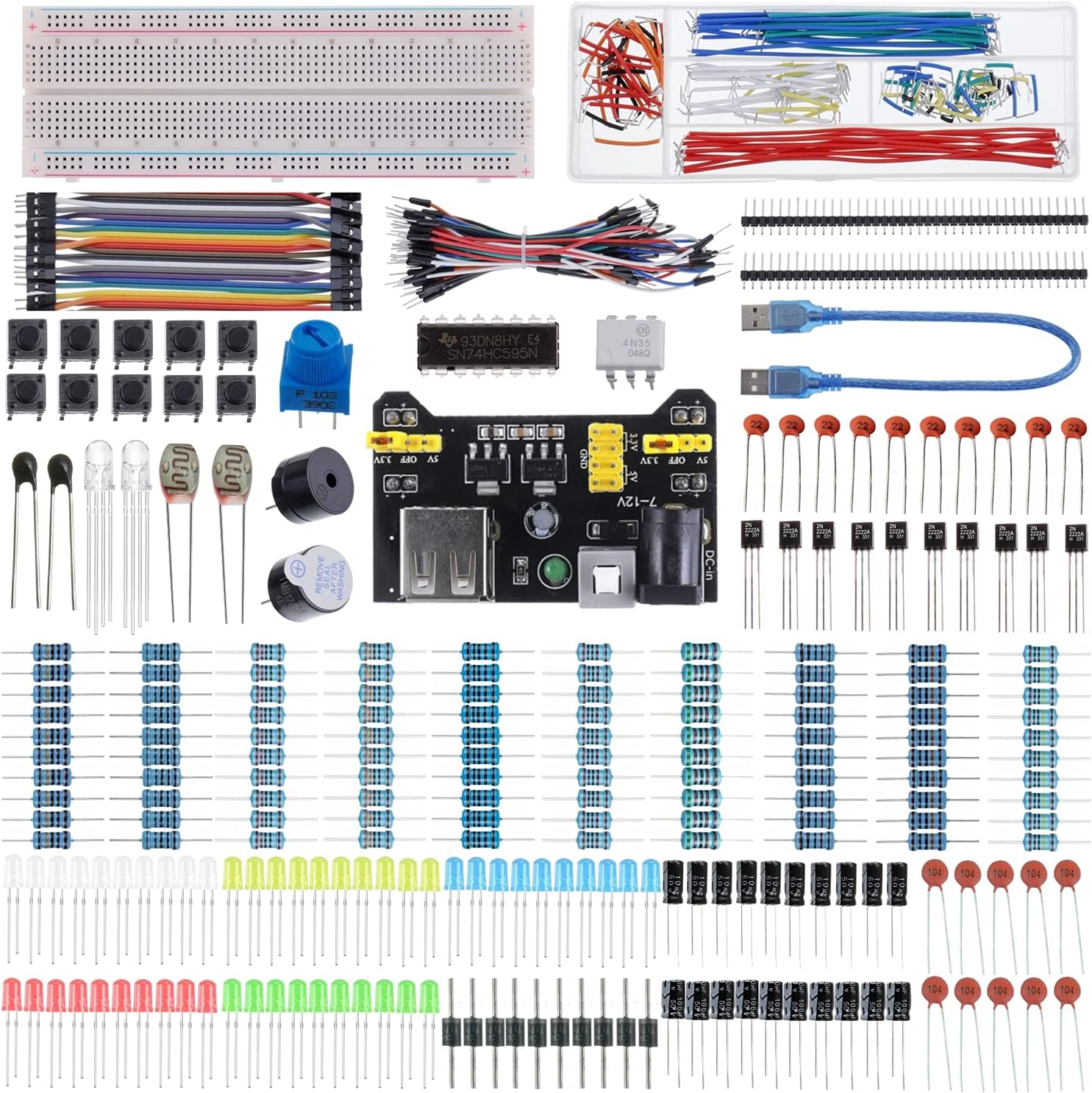 BOJACK 37 Values 480 Pcs Electronics Component Fun Kit with Power Supply Module, Jumper Wire,Precision Potentiometer,830 tie-Points Breadboard Compatible with STM32,Raspberry Pi,Arduino
