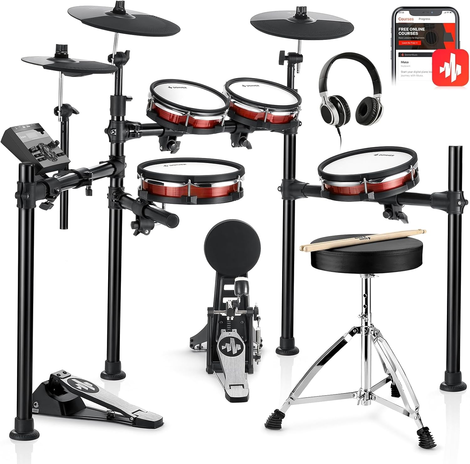 Donner DED-200 MAX Electronic Drum Set with Industry Standard Mesh Heads, 10” Snare, 8“ Tom, 10” Tom, 12” Crash, 450+ Authentic Sounds for Optimal Performance and Feel NEW