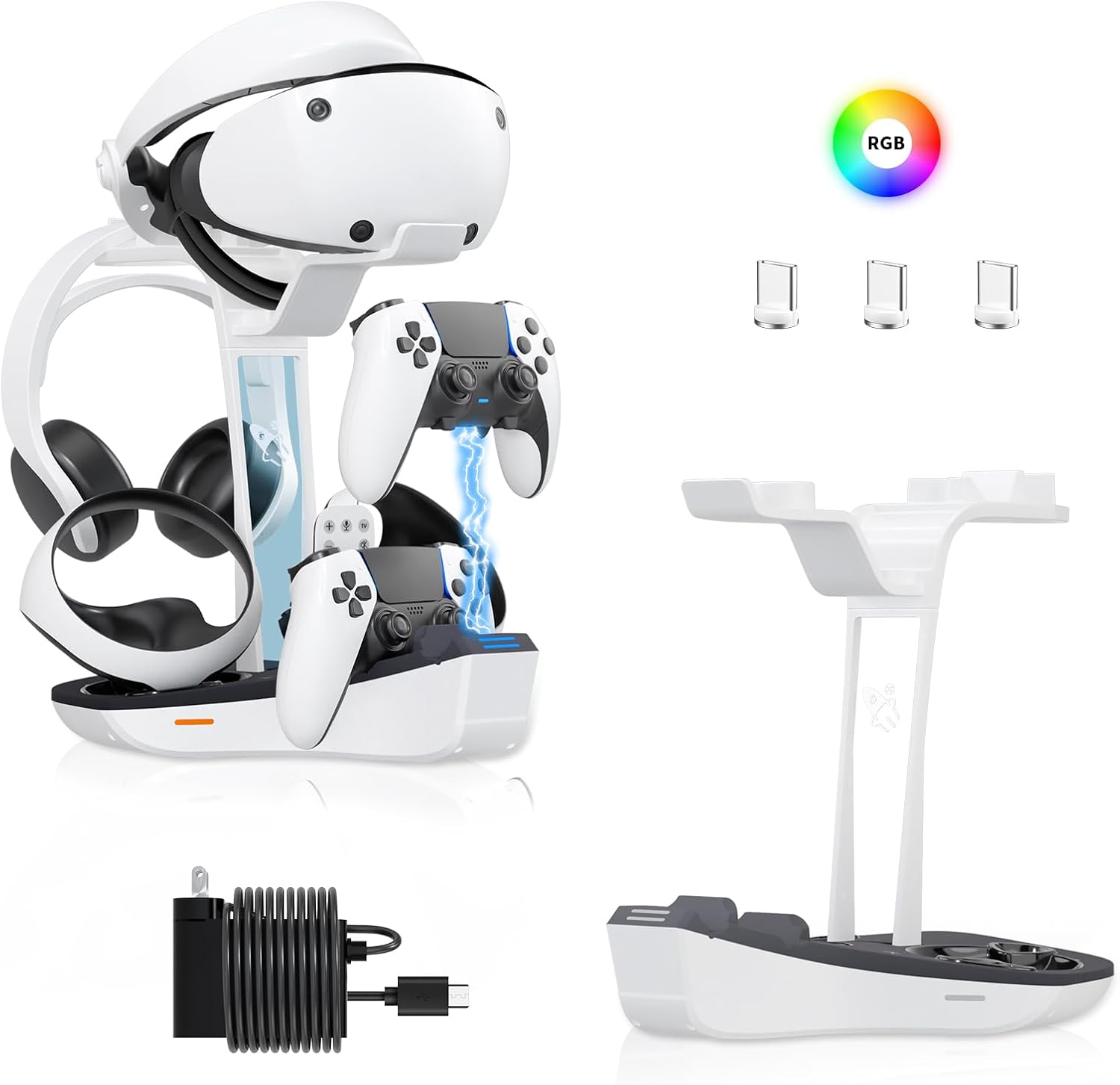 Dual Charging Station for PS5 and VR2 Controllers, 4-In-1 Charging Dock for PS VR2 with VR Headset Display Stand, Headphone Holder, LED Lights & 3*Magnetic Connectors, Electronics Accessories