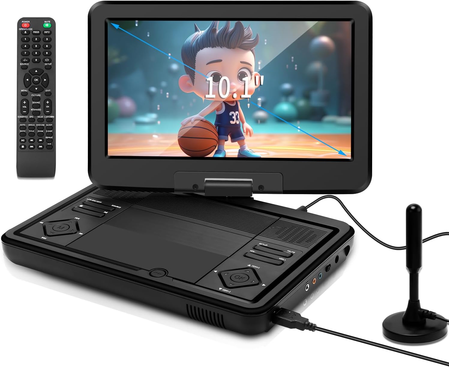 Feihe 12.5″ Portable TV/DVD Player – 10.1″ HD Swivel Screen, Digital Tuner/HDMI/USB/AV, Built-in Battery, High Volume Speakers – Perfect for Car/Travel