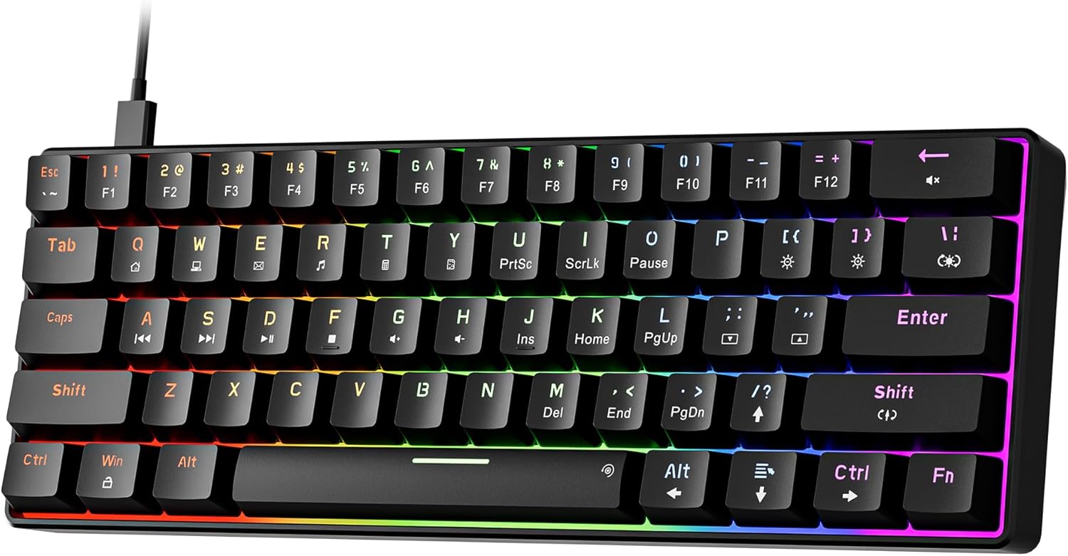 Newmen GM611 Mechanical Keyboard,Rainbow LED Backlit Gaming Wired Keyboards Compact Mini 61 Keys Portable 60 Percent Mechanical Keyboard with Black Keycaps,for Windows Laptop PC Linear Red Switches