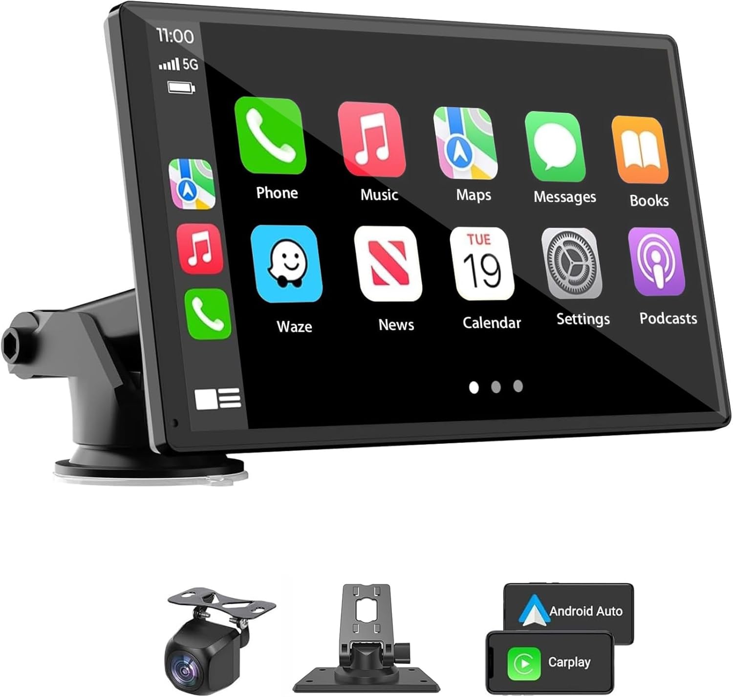 Portable Wireless Carplay Car Stereo, 7″ HD Touchscreen for Car with Apple CarPlay & Android Auto with Backup Camera/Mirror Link/Voice Control/Bluetooth/GPS/AUX/FM Satellite Radio for All Vehicles