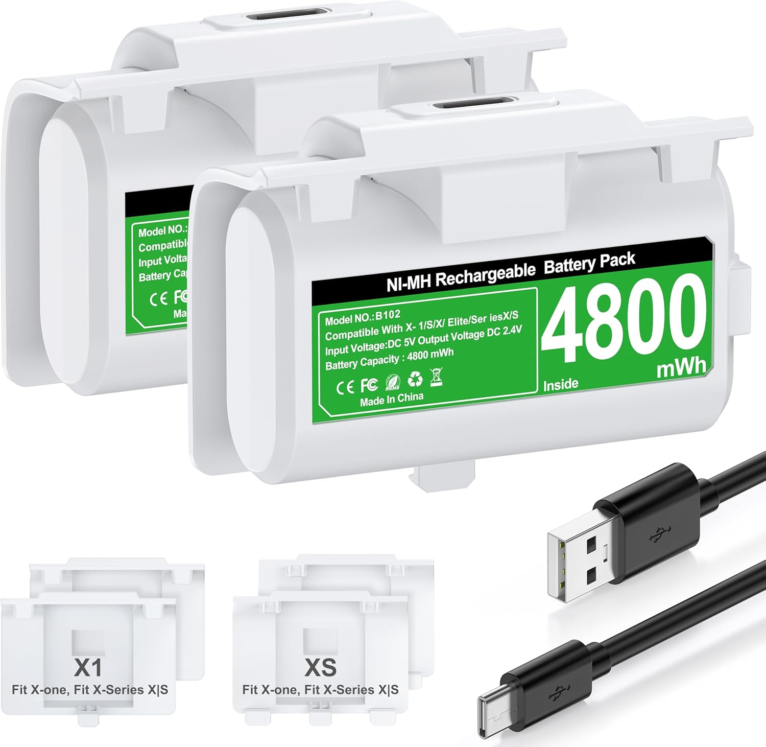 Rechargeable Batteries for Xbox One/Xbox Series X|S Controller,2x4800mWh Xbox Controller Battery Pack, Play and Charge Kit for Xbox Series X/S,Xbox One/Elite,Xbox One S/X with LED Indicator