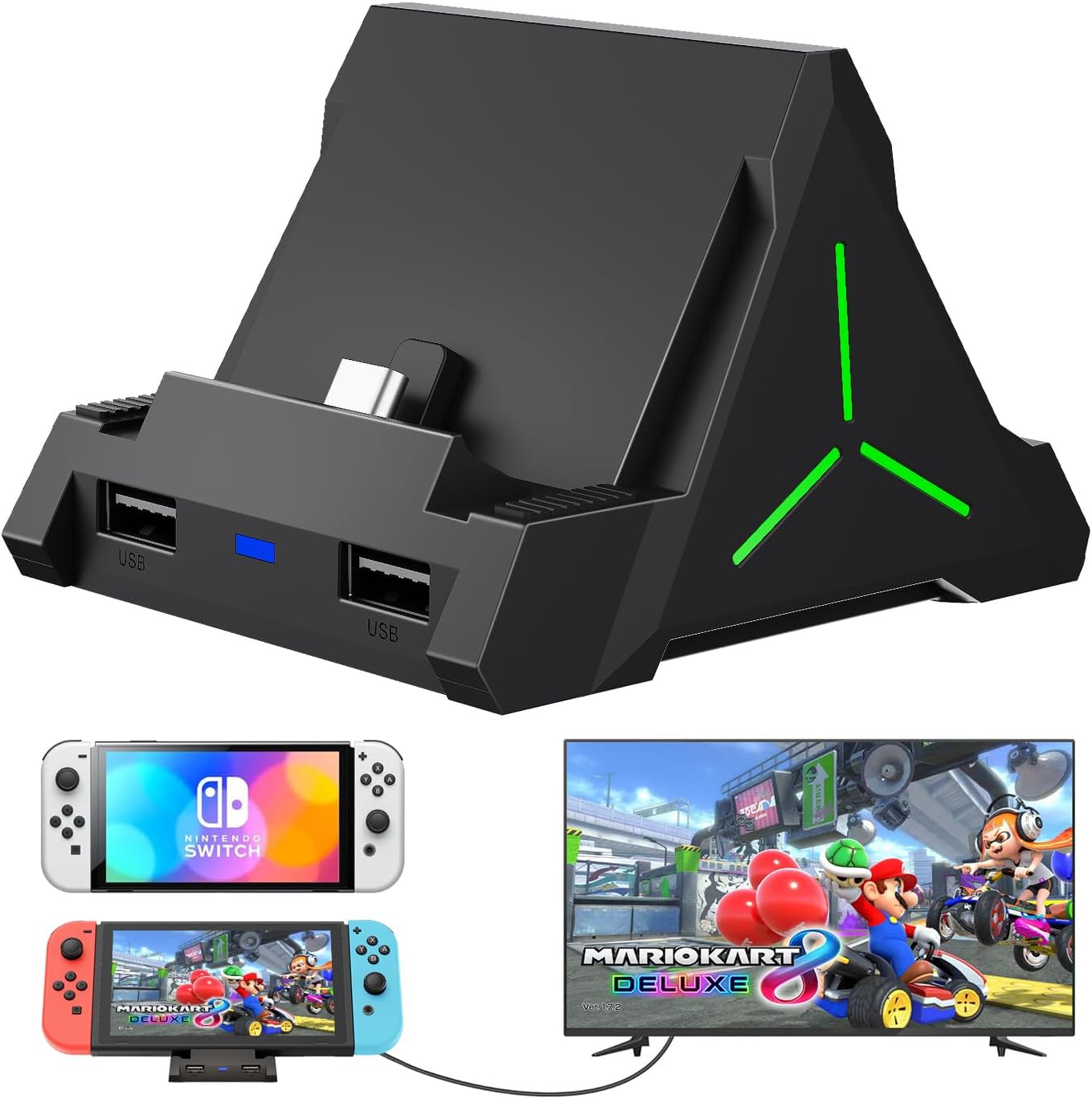 TV Dock Station for Switch/OLED, 4K HDMI/USB C/USB 3.0 Ports, LED Atmosphere Light, Holds 4 Game Slots