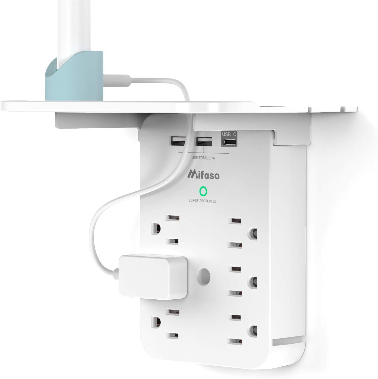 Wall Outlet Extender with Surge Protector, 6 AC Outlets, Shelf, 2 USB & USB C Charging Ports – Home & Dorm Plug Expander