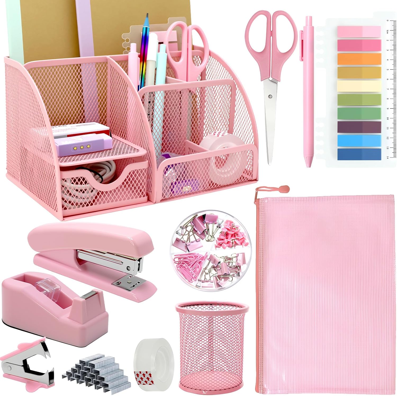12Pcs Pink Office Desk Accessories Supplies, Desk Organizers and Accessories with Pen Holder, Clips Set,Tape Holder, Stapler for School Home Office Supplies Gift for Women