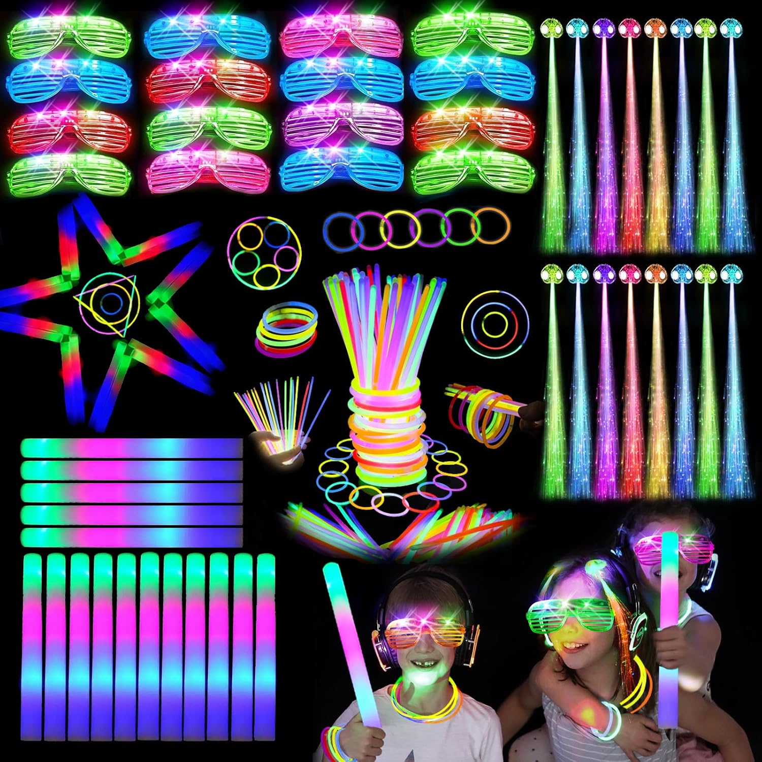 148 PCS Glow in the Dark Party Supplies, 16PCS Foam Glow Sticks, 16PCS LED Glasses,100PCS Glow Sticks Bracelets and 16Pcs LED Hair Clips Fiber Optic for Glow Party, Wedding, Halloween Party