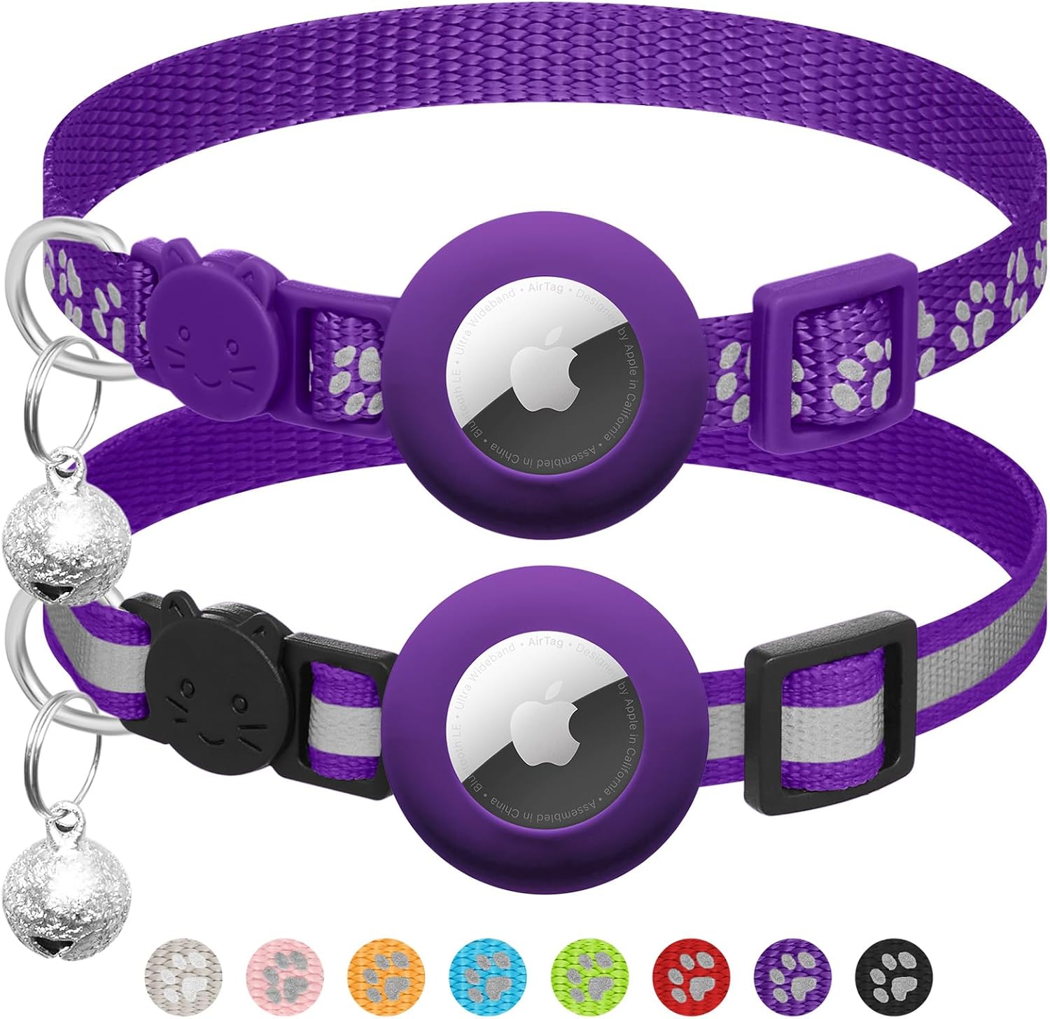 2 Pack Airtag Cat Collar Breakaway with Bell,Reflective Kitten Collar with Apple Airtag Cat Collar Holder,Adjustable 7-12In,Safety Buckle for Girl Boy Cats,Pet Supplies,Accessories,Gifts (Purple)