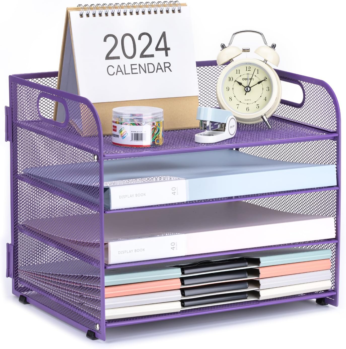 4-Tier Desk Organizer Paper Tray, Desk File Organizer with Handle, Mesh Desk Organizer Letter File Stackable Trays for Home Office Supplies and Accessories – Purple