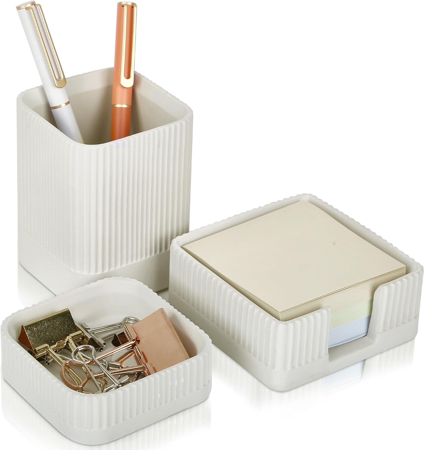 Aesthetic Desk Organizer Set of 3 For Your Office – Sturdy Concrete Desktop Accessories For Women or Men Enhance Any Office Decor – Set incl. Pen Holder, Paperclip Storage and Sticky Note Holder