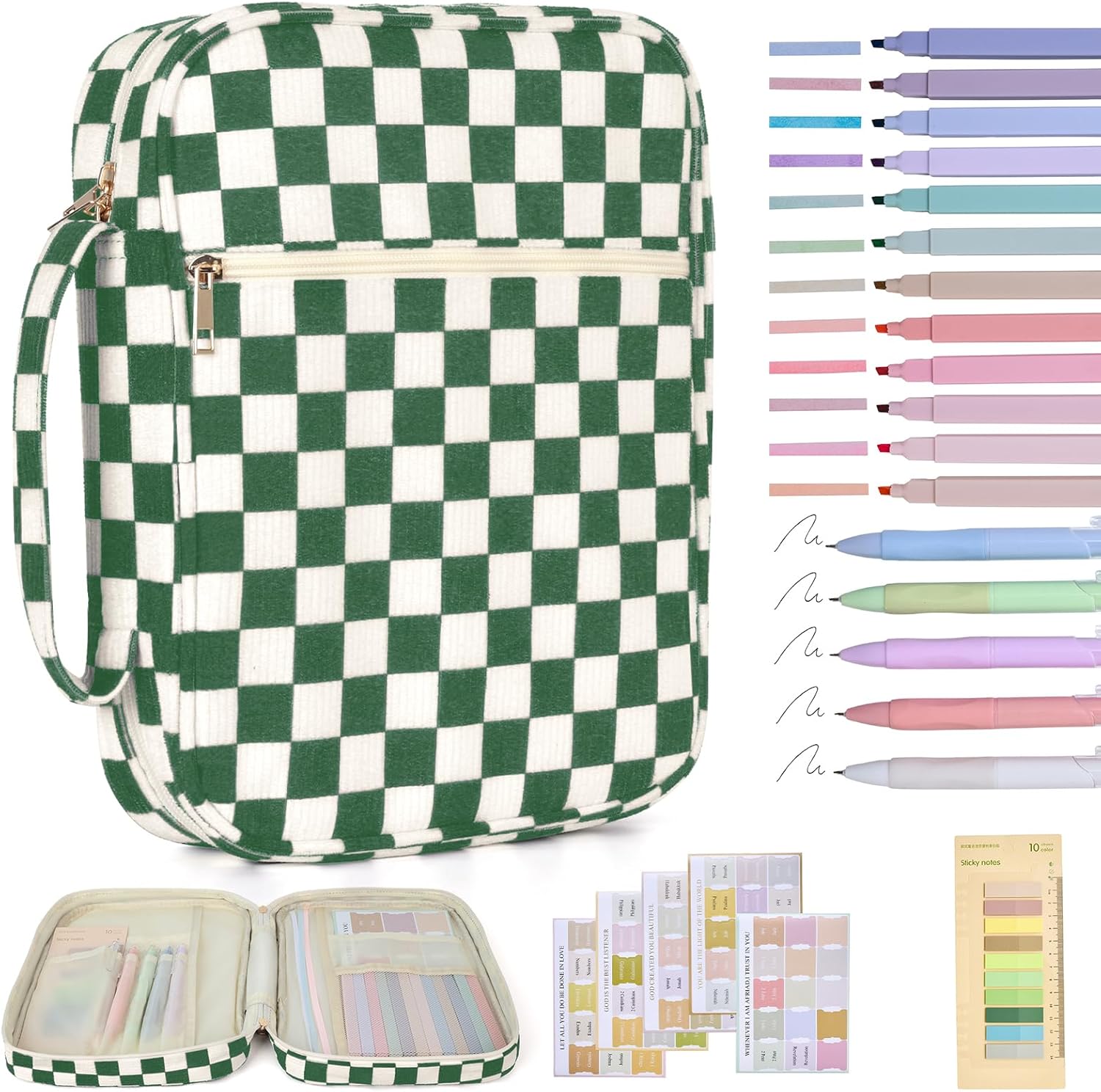 Bible Cover Case for Women Corduroy Bible Case for Girls Checkered Large Bible Cover with Handle Bible Study Supplies Accessories Christian Gifts for Women (Deep Green, Medium)