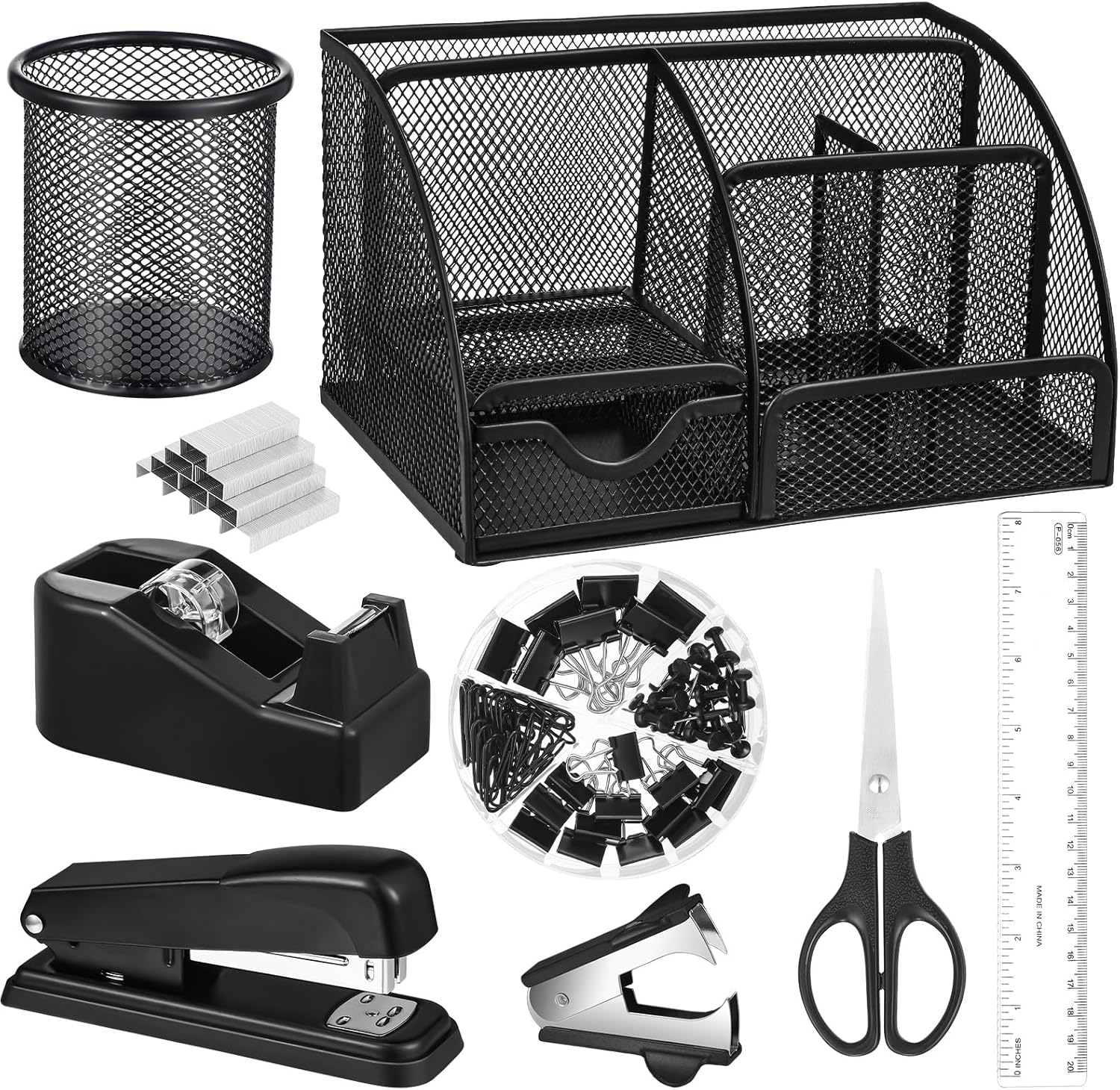 Black Desk Organizer and Accessories, Black Desk Asccessories Office Supply Kit Include Mesh Desktop Organizer Stapler 1000 Staples Tape Dispenser Pen Holder Staple Remover Clips Ruler Scissors