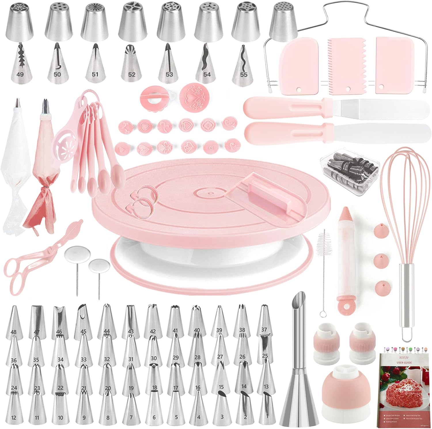 Cake Decorating Kit,137pcs Cake Decorating Supplies with Cake Turntable for Decorating,Pastry Piping Bag,Russian Piping Tips Baking Tools, Cake Baking Supplies for Beginners(Light Pink)