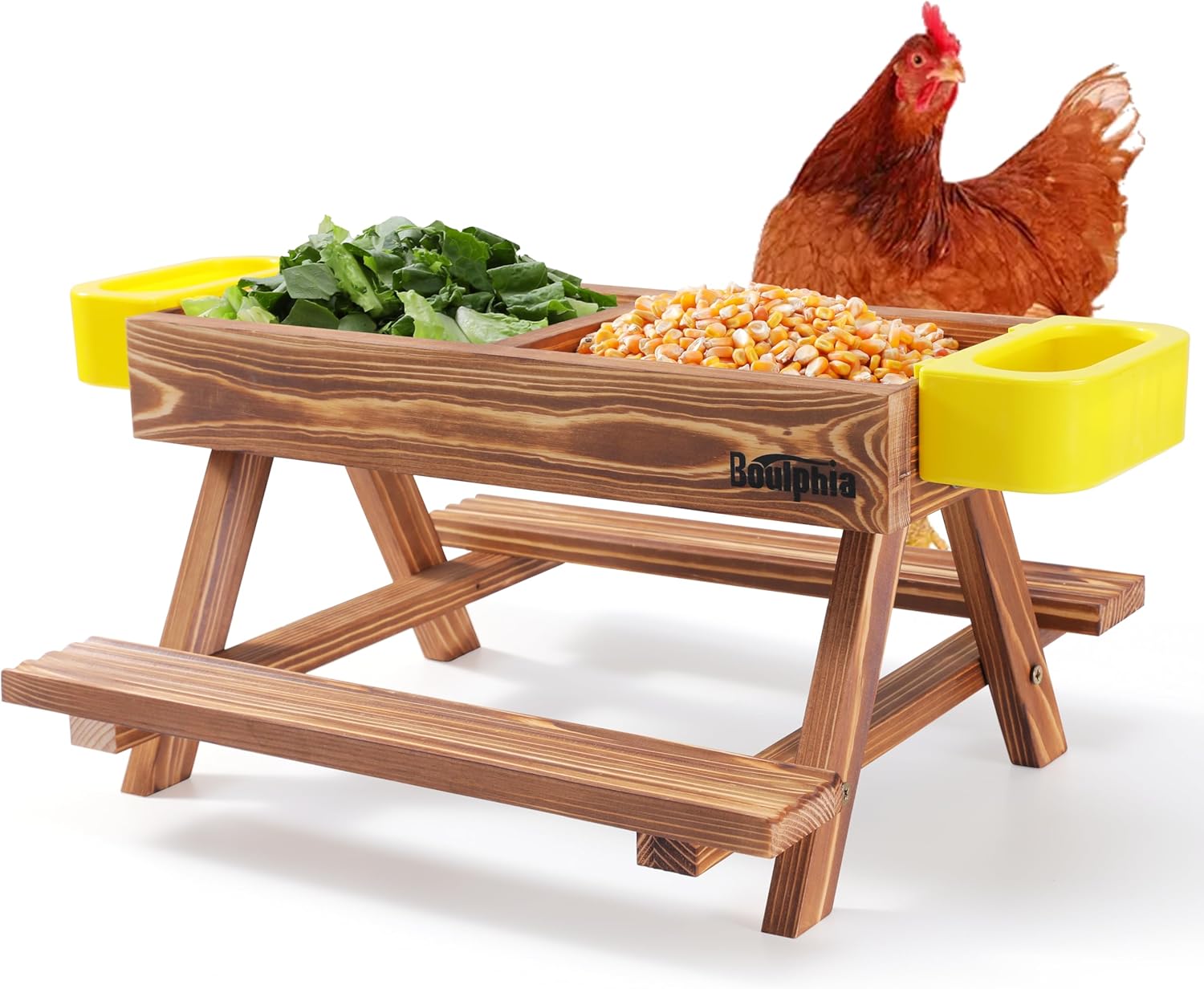 Chicken Feeders and Waterers, Chicken Feeder No Waste Kit with Picnic Table and 2 Water Feeder, Handmade Wooden Chicken Supplies & Accessories for Chicken Coop