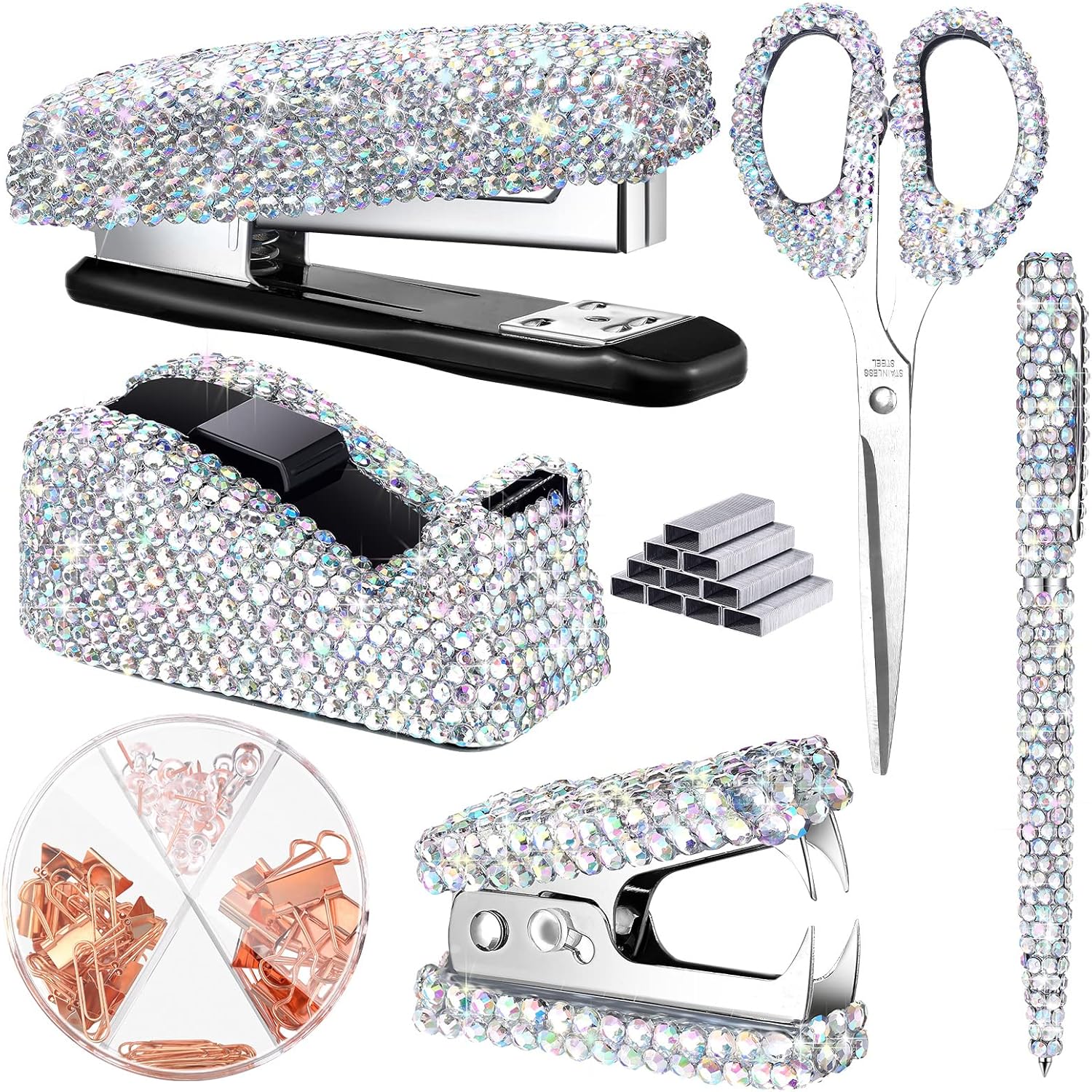 Demissle 6 Pcs Bling Office Desk Accessories Set Crystal Back to School Stationery Kit Scissor Stapler with Staple Tape Dispenser Diamond Pen Staple Remover Binder Clip Paper Clip Push Pins(White)