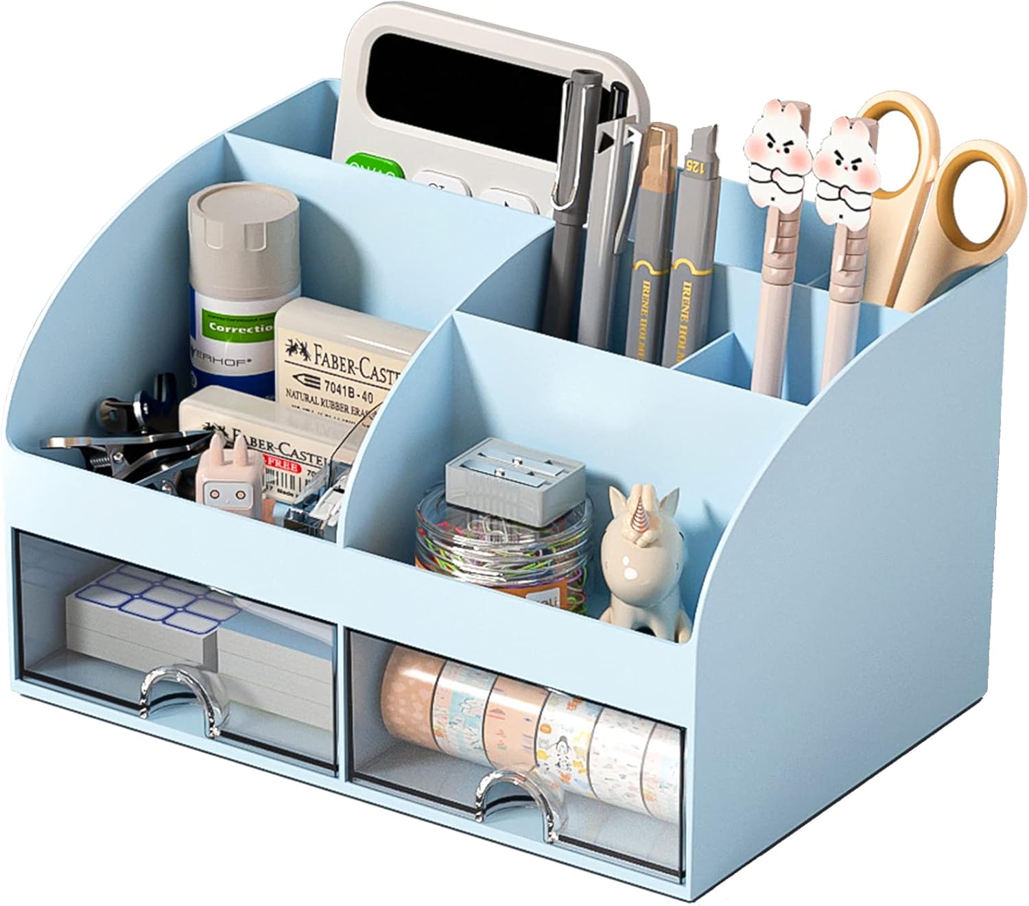 Desk Organizer with 6 Compartments and 2 Drawers, Plastic Makeup Organizer, Pen Holder for Desktop Storage, Desk Organization for School, Home, Office Supplies (Blue)