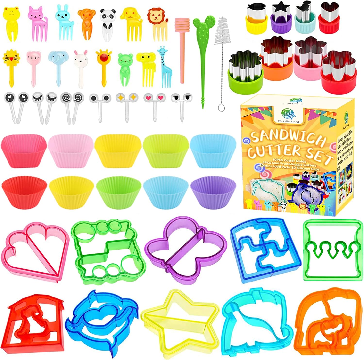 FUNGYAND Sandwich Cutter Set, All in One Bento Box Complete Supplies and Accessories Kit Includes Sandwich Bread Cutters, Fruit Cutter, Animal Food Picks, Silicone Cups