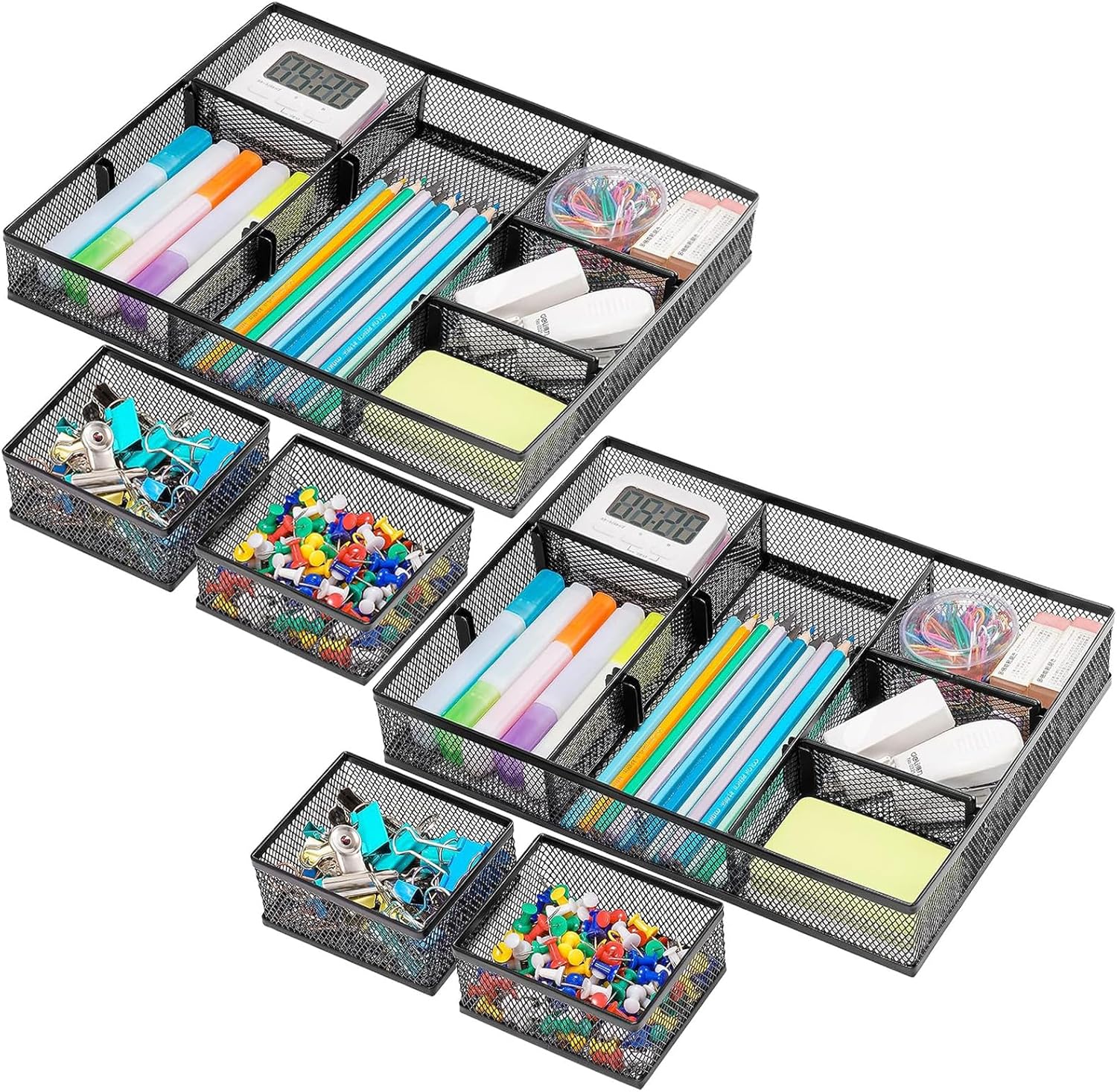 Marbrasse 3 Pack Desk Drawer Organizers with 9 Adjustable Compartments for Makeup, Office Supplies & Accessories (Black)