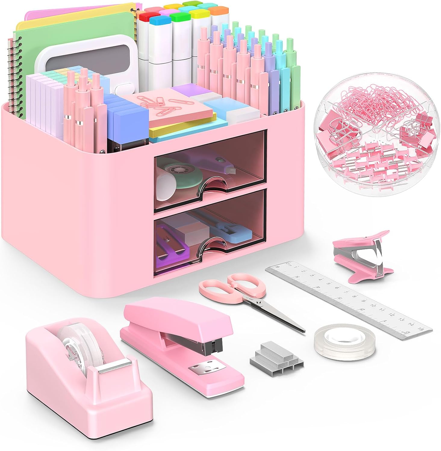 MoKo Pink Desk Accessories, 10Pcs Pink Office Supplies, Desk Organizers Accessories with Pencil Holder, Tape Dispenser, Stapler, Staple Remover, Staple, Tape, Clip Set, Ruler, Scissor