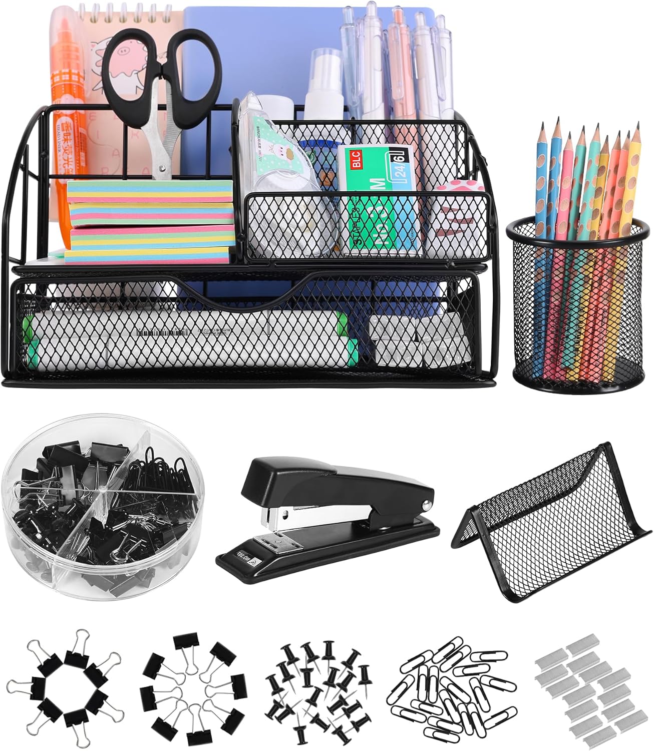 Office Supplies Desk Organizer – Desk Organizers and Accessories, Supplies Set with Pen Holder, Stapler and 72 Clips Set for Office, Home, School, Black