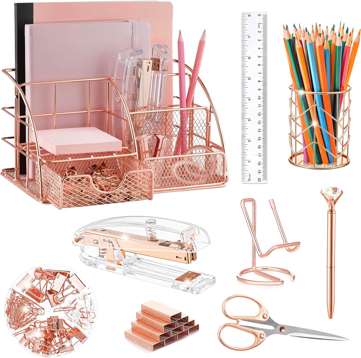 Rose Gold Desk Organizers and Accessories Office Supplies Set Stapler, Pen Holder, Phone Holder, Scissors, Pen, Ruler, 30 Paper Clips, 22 Binder Clip, 20 Tacks and 1000pcs Staples
