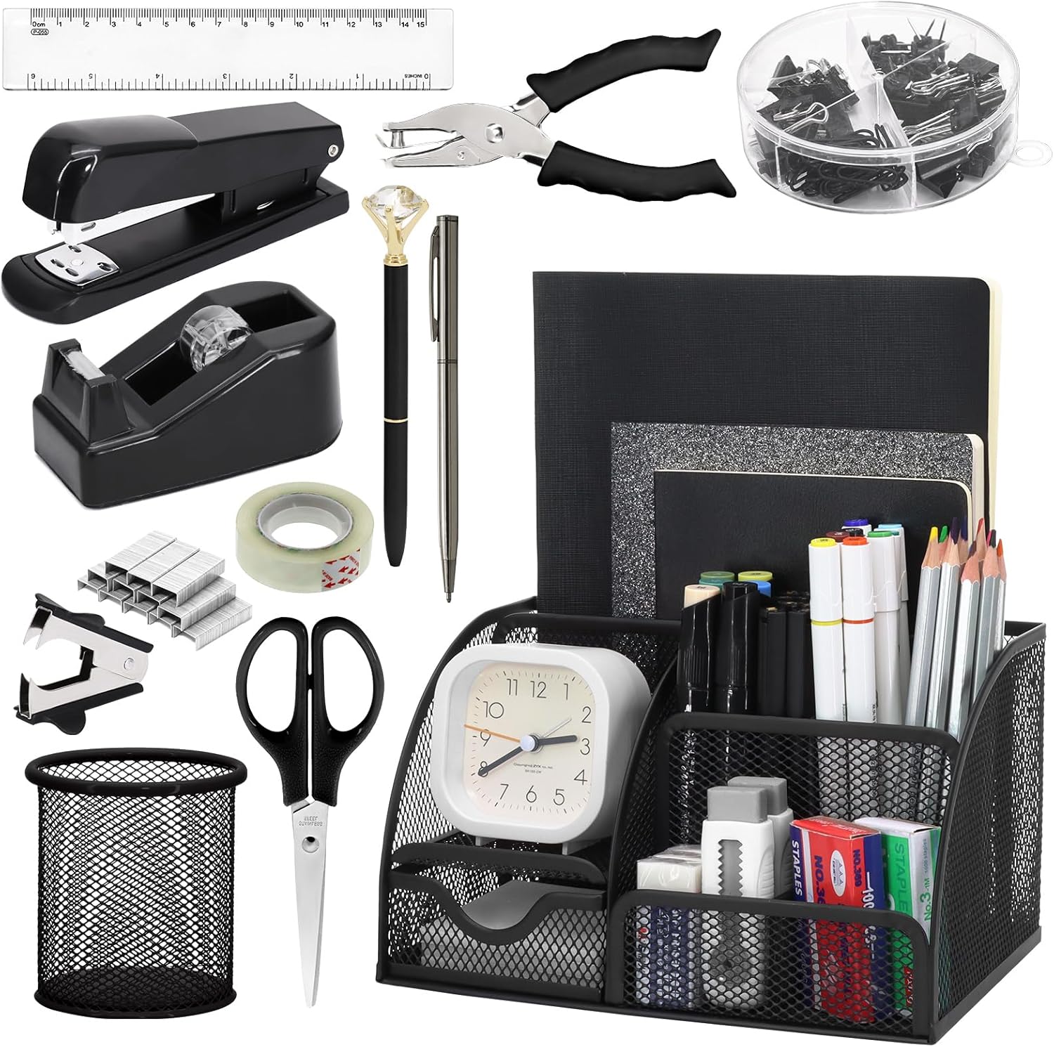SYMDROMIA 13-in-1 Office Desk Organizer Set with Stapler and Tape Dispenser, Pen Holder, Scissors, Ruler, Hole Punch, 2 Pens & More Desktop Accessories for Back to School Supplies (Black)
