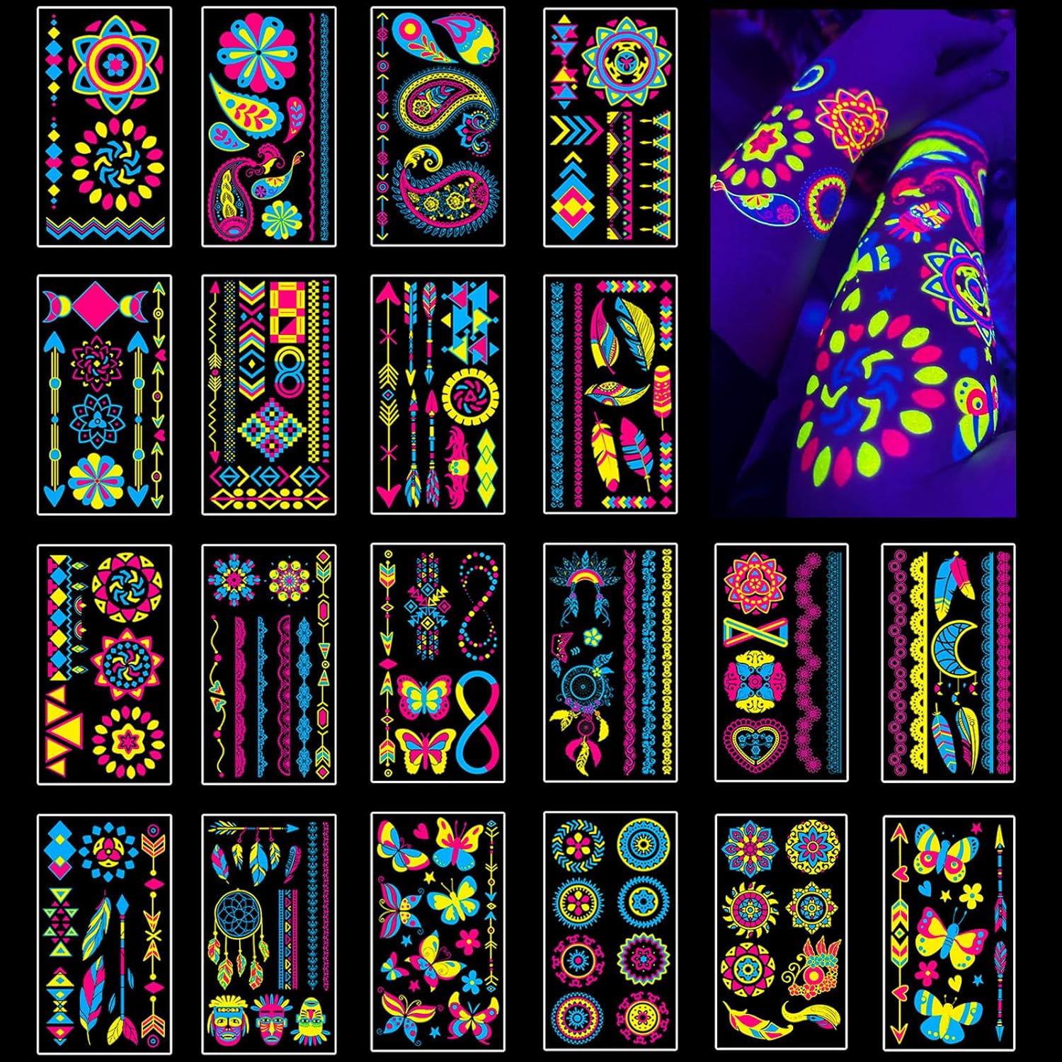 Temporary Tattoos 170 PCS Glow in The Dark Tattoos that React to Neon UV Black Light, Tattoos for Kids Teens and Adult, Neon Glow Party Decorations, Glow in The Dark Party Supplies, Glow Party Favors