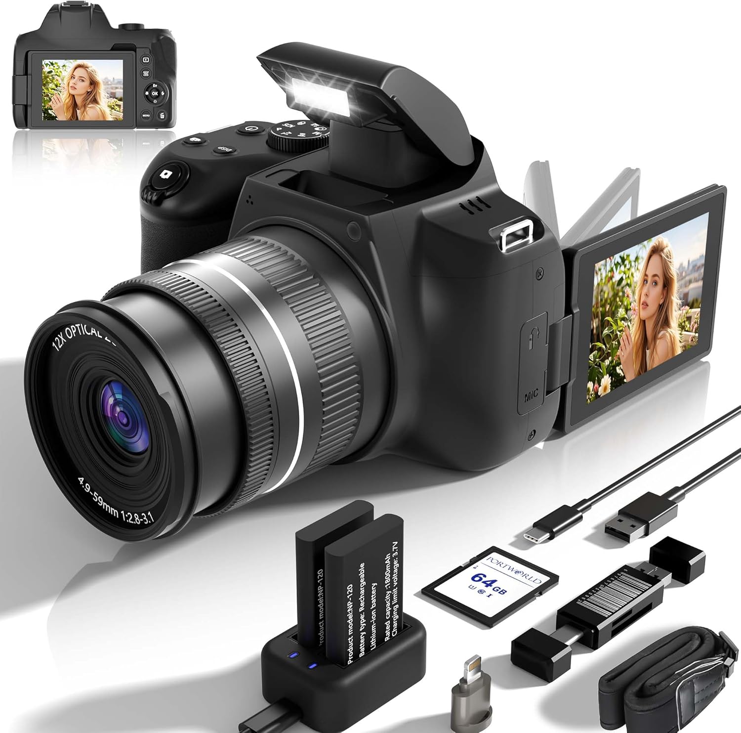 12X Optical Zoom Digital Cameras for Photography: 72MP 4K UHD Auto Focus Compact Cameras with WiFi – 180° Flip Screen & 64GB SD Card for Beginners YouTube Vlogging Creator Outdoor Travel Black