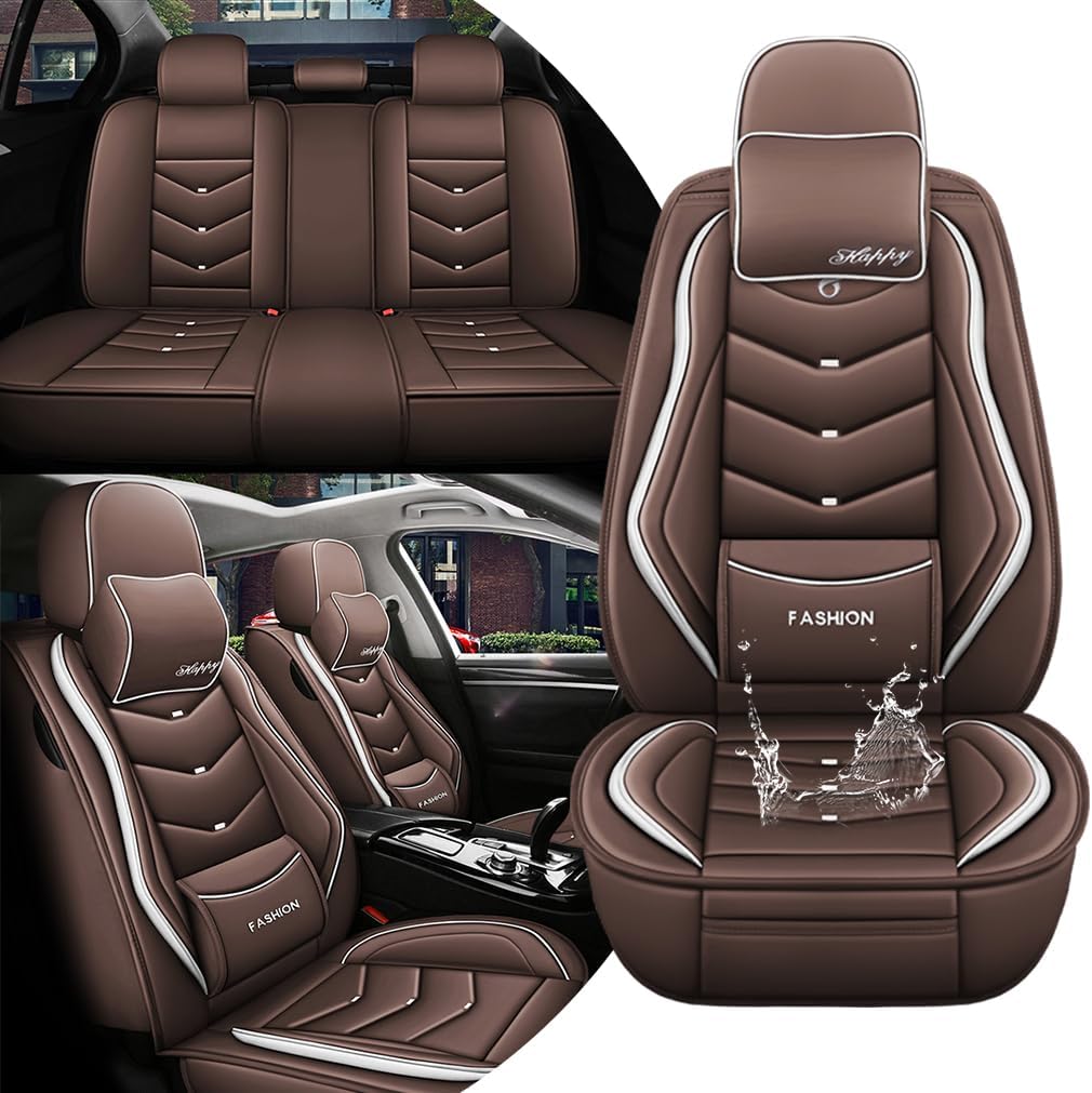 5 Seat Covers for Subaru Outback 2005-2025 Four Seasons Universal Car Seat Cover, Leather Comfortable Waterproof Breathable Seat Cover with Airbag(Brown, Luxury)