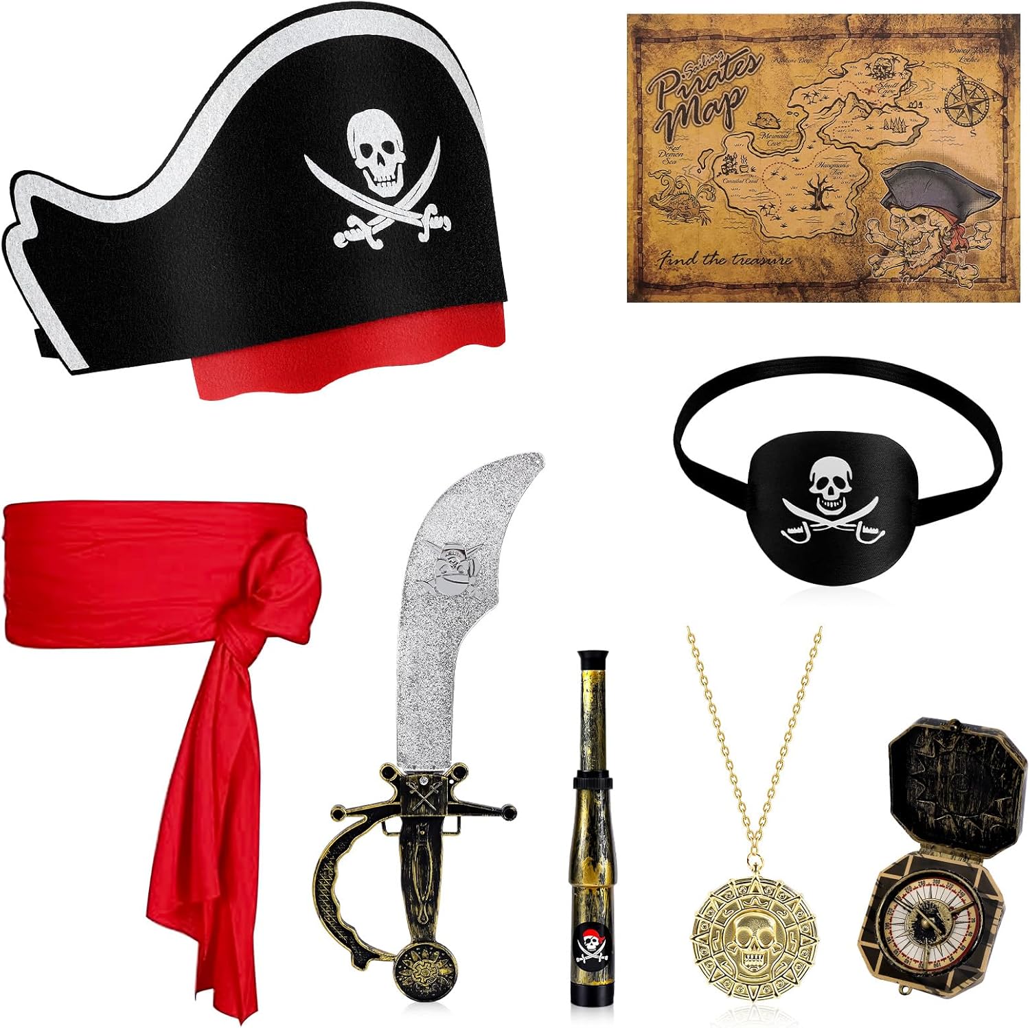 8 Pcs Pirate Costume Accessories Set Include Pirate Hat Headband Eye Patch Binocular Map Pirate Accessories for Halloween Cosplay Party Supplies Multi