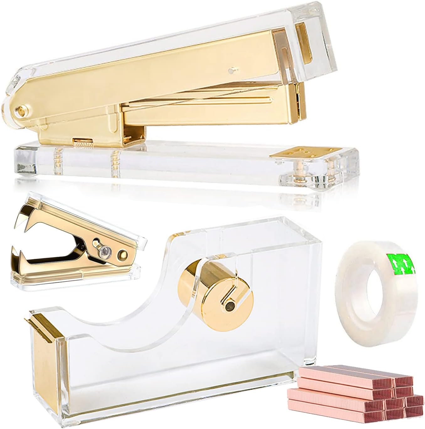 Acrylic Gold Tape Dispenser Gold Desktop Stapler, Acrylic Office Supplies Includes Staple Remover, Tape, 1000pcs Staples Desk Accessory Kit, Cute Office Stapler Set for Modern Design Office Desktop