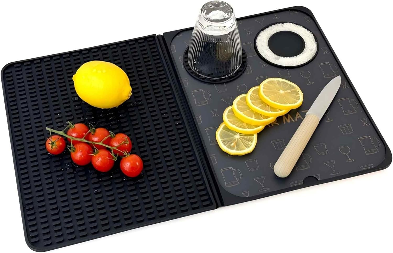 Bar Mat, Bar Accessories, Multifunctional Folding Cocktail Mat with Cutting Board, 18″ X 12″(Black) Drying Mats,Bar Mat for Countertop,Bar Decorations for Home, Outdoor Bar Accessories,Travel