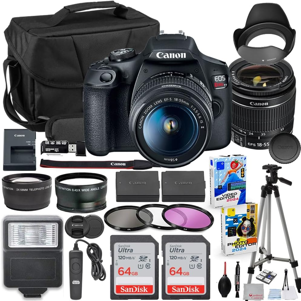 Canon EOS Rebel T7 DSLR Camera with 18-55mm Lens Bundle with Extra Canon Battery + 2X 64GB Memory Cards + Accessory Kit Including Bag, Flash, Remote, Aux Lenses, Software & More