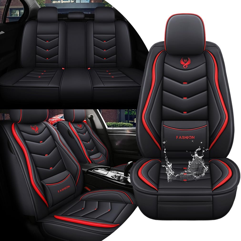 Car Seat Covers for Toyota Camry 2000-2025 Four Seasons Universal Car Seat Cover, Leather Comfortable Waterproof Breathable Seat Cover with Airbag(Black&Red, 5 Seats)