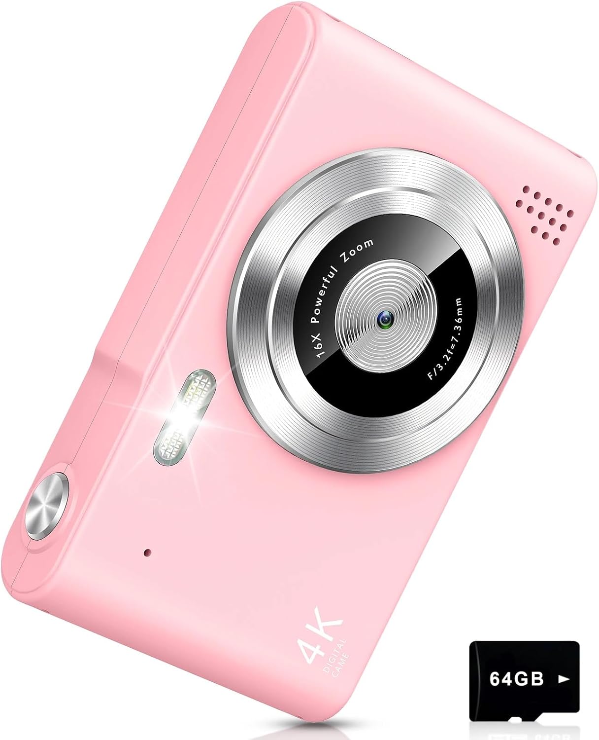 Digital Camera, Camera for Kids, UHD 4K 48MP Point and Shoot Digital Cameras with 64GB SD Card and 16X Digital Zoom Anti Shake, Compact Portable Small Gift for Boys Girls Students, Pink