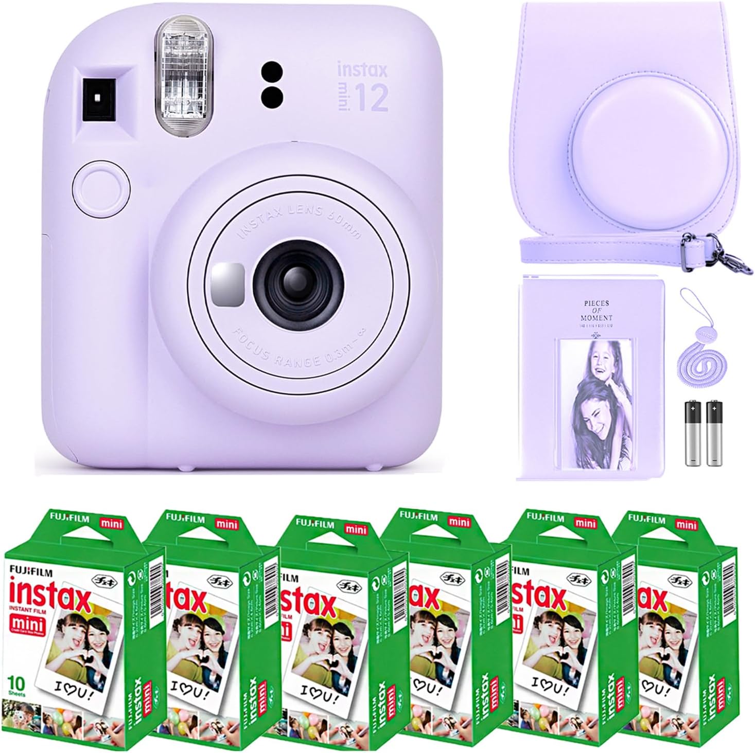 Fujifilm Instax Mini 12 Camera with Fujifilm Instant Mini Film (60 Sheets) Bundle with Deals Number One Accessories Including Carrying Case, Photo Album, Stickers (Lilac Purple)