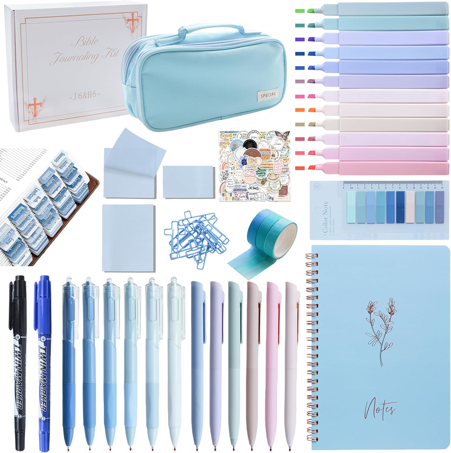 J6&H6 Bible Study Supplies Journaling Kit with Tabs, Highlighters and Color Pens, Notebook,Stickers & More 56pcs Bible Accessories Set for Women, Beginner Christian Gifts(Blue)
