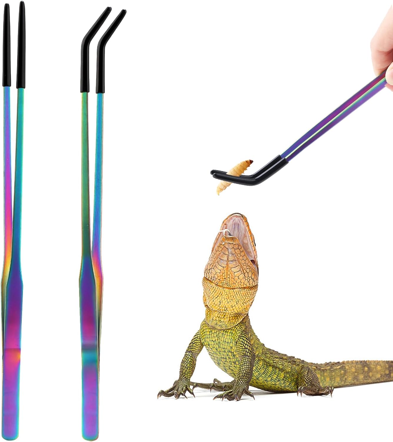 OLIISS Stainless Steel Reptile Feeding Tongs with Rubber Tip – 10.6″ Straight & Curved Tweezers for Aquariums & Crafts – Feeder Tools for Bearded Dragons & Lizards – Terrarium Tank Supplies – 2 Pack