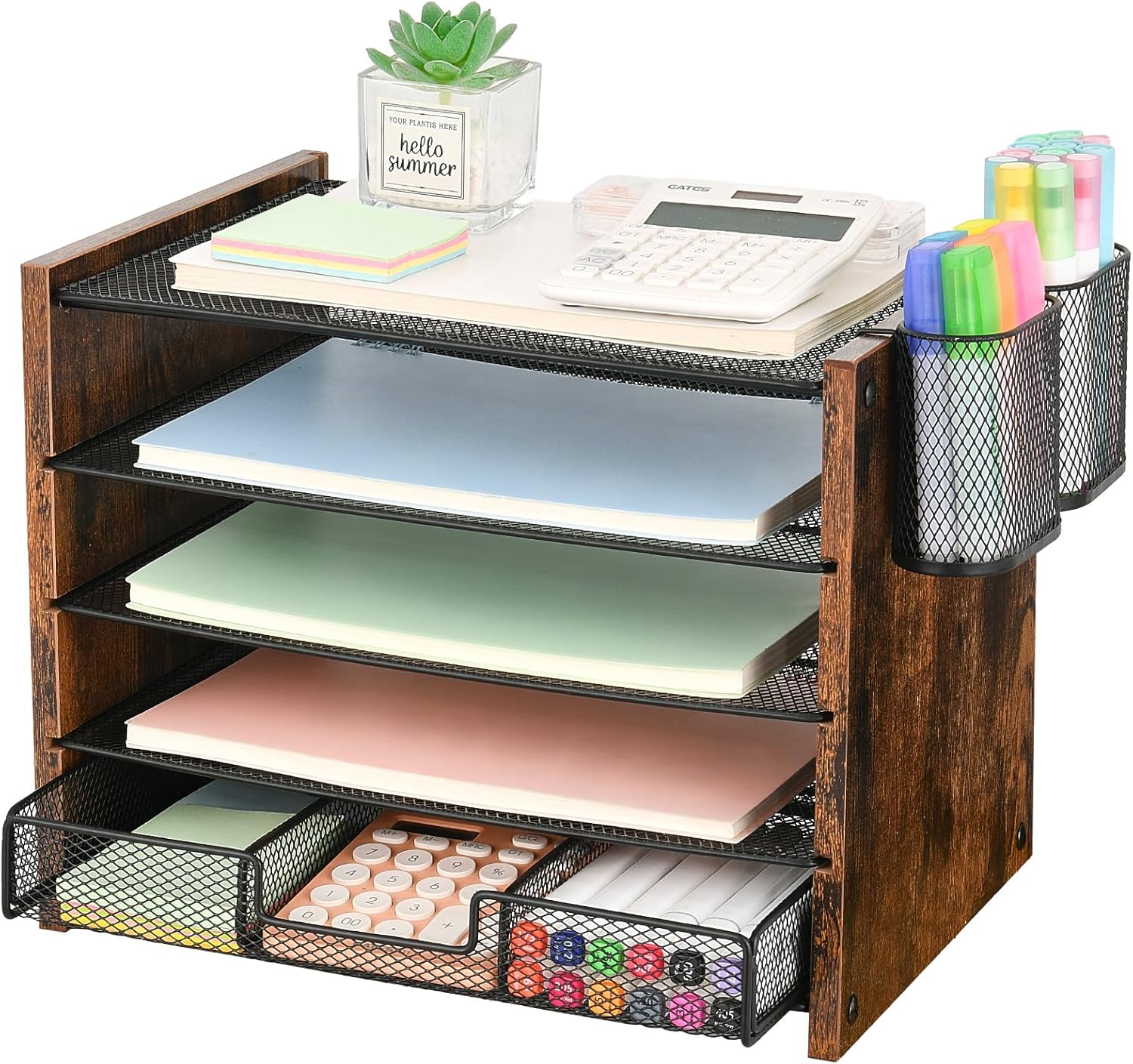 OPNCIE Desk Organizer and Accessories, 5-Tier Paper Letter Tray File Organizer with Drawer & 2 Pen Holder, Office Desk Accessories Workspace Desktop Organizer for Office Supplies(Brown)