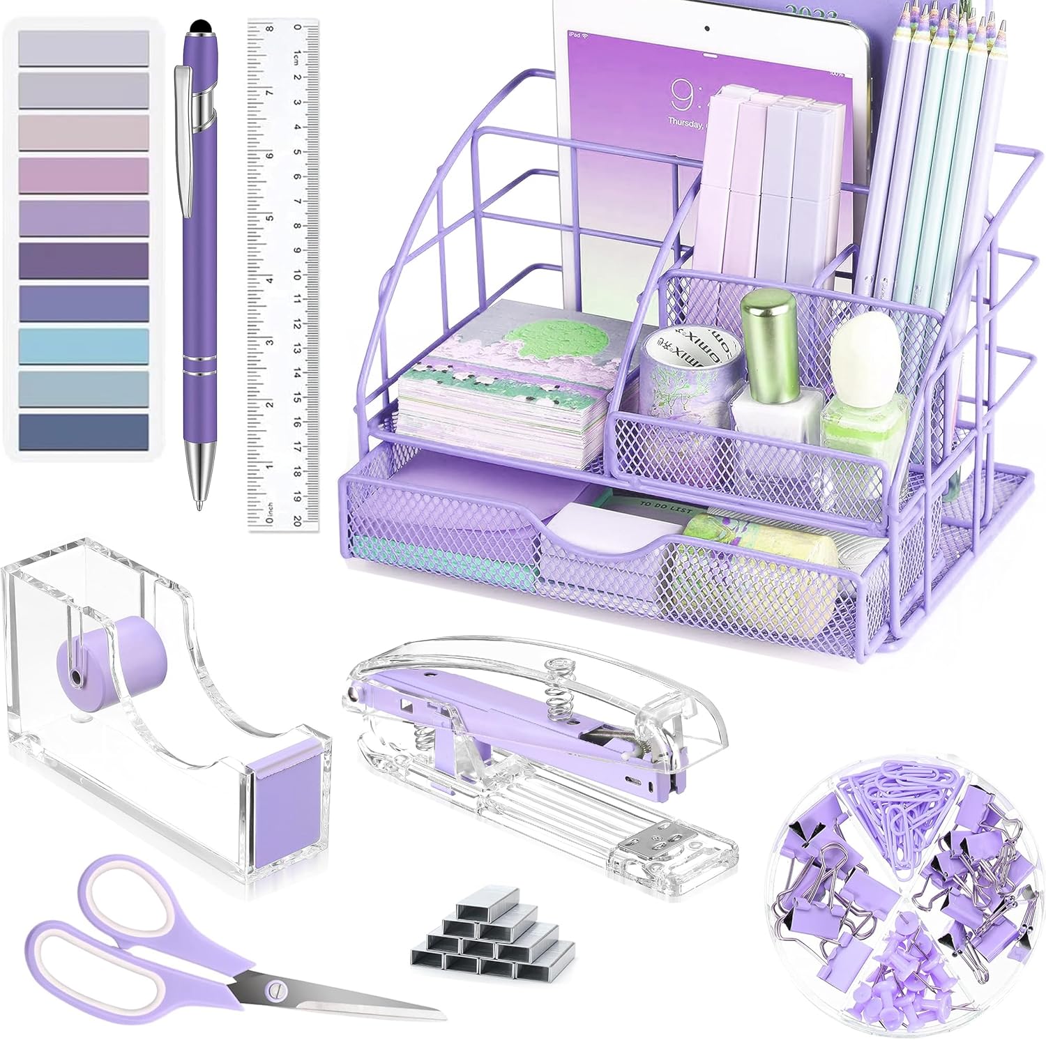 Purple Desk Organizers and Accessories, Purple Office Supplies with Mesh Desk Organizer, Acrylic Tape Dispenser and Stapler, Staples, Ballpoint Pen, Clips Set, Ruler, Scissor, Sticky Labels
