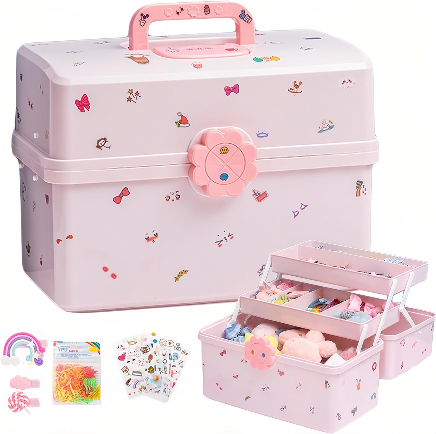 SEAHOME Hair Accessories Organizer for Girls Headbands, Clips, Ties Baby Girl Supplies, Lockable Three-layer Folding Craft Organizers and Storage Plastic Jewelry Box, 11.4×6.3×6.3in