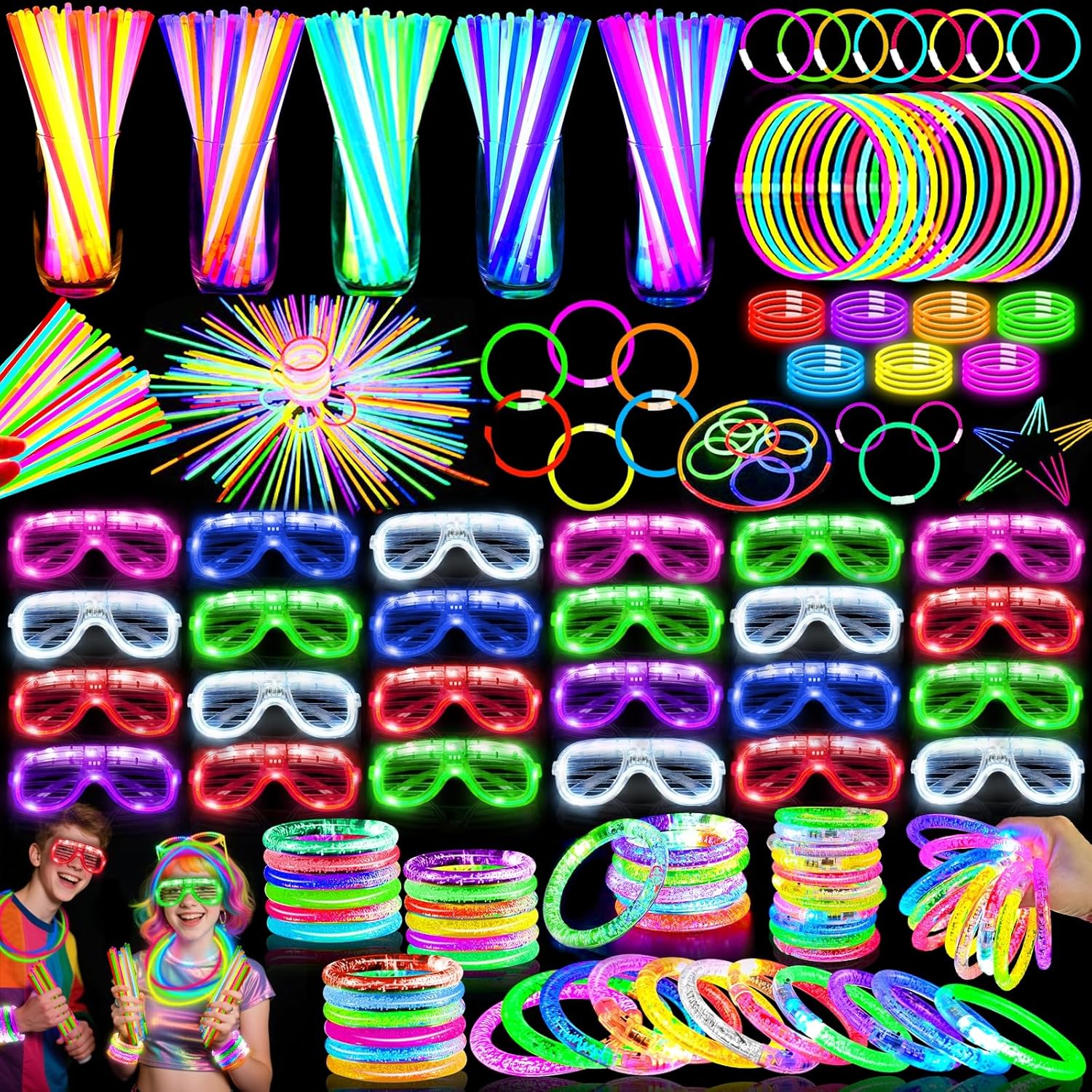 TURNMEON 148 PCS Glow in the Dark Party Supplies Light Up Toys with 24 Led Glasses, 24 Flashing Bracelets and 100 Glow Sticks Bulk Party Favors for Kid Birthday Wedding Carnivals Concert Halloween