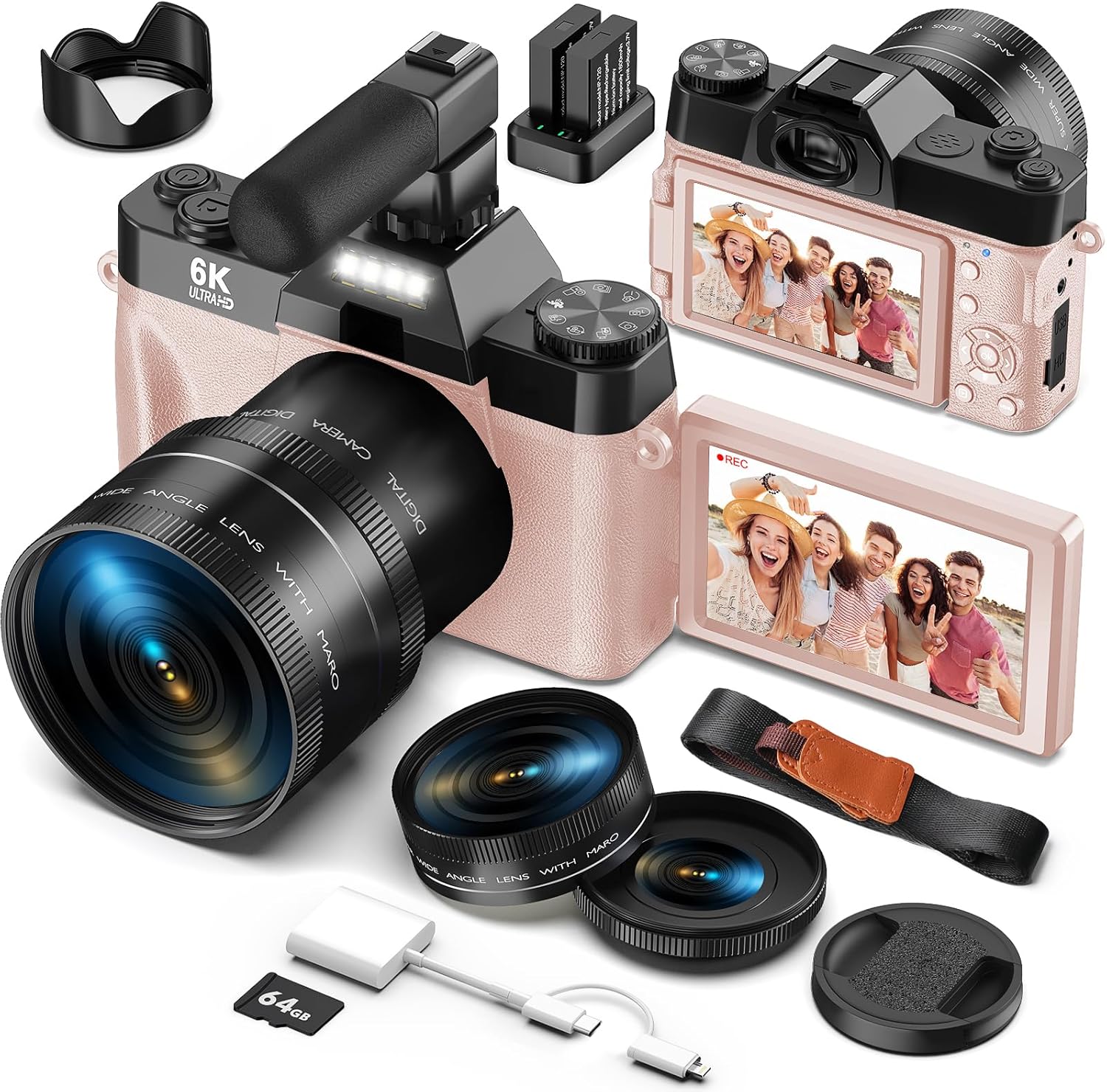Yatao Digital Cameras for Photography and Vlogging, 6K 64MP Flip Screen, Dual Lens, Microphone for Video, 64GB TF Card, Compact Photo WiFi Camera for YouTube Kit Travel, Beginners (Pink)
