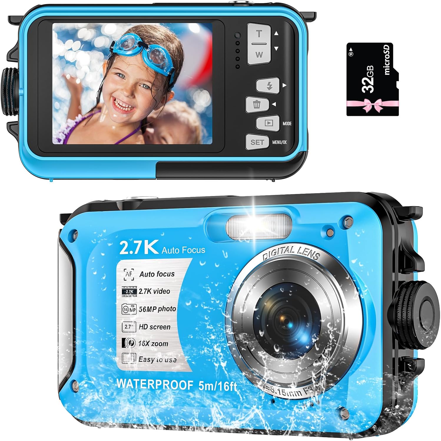 2.7K 56MP Underwater Camera, 16x Autofocus Camara with 32GB Card, 2.7″ Screen Portable Compact Digital Camera with 650 mAh Battery