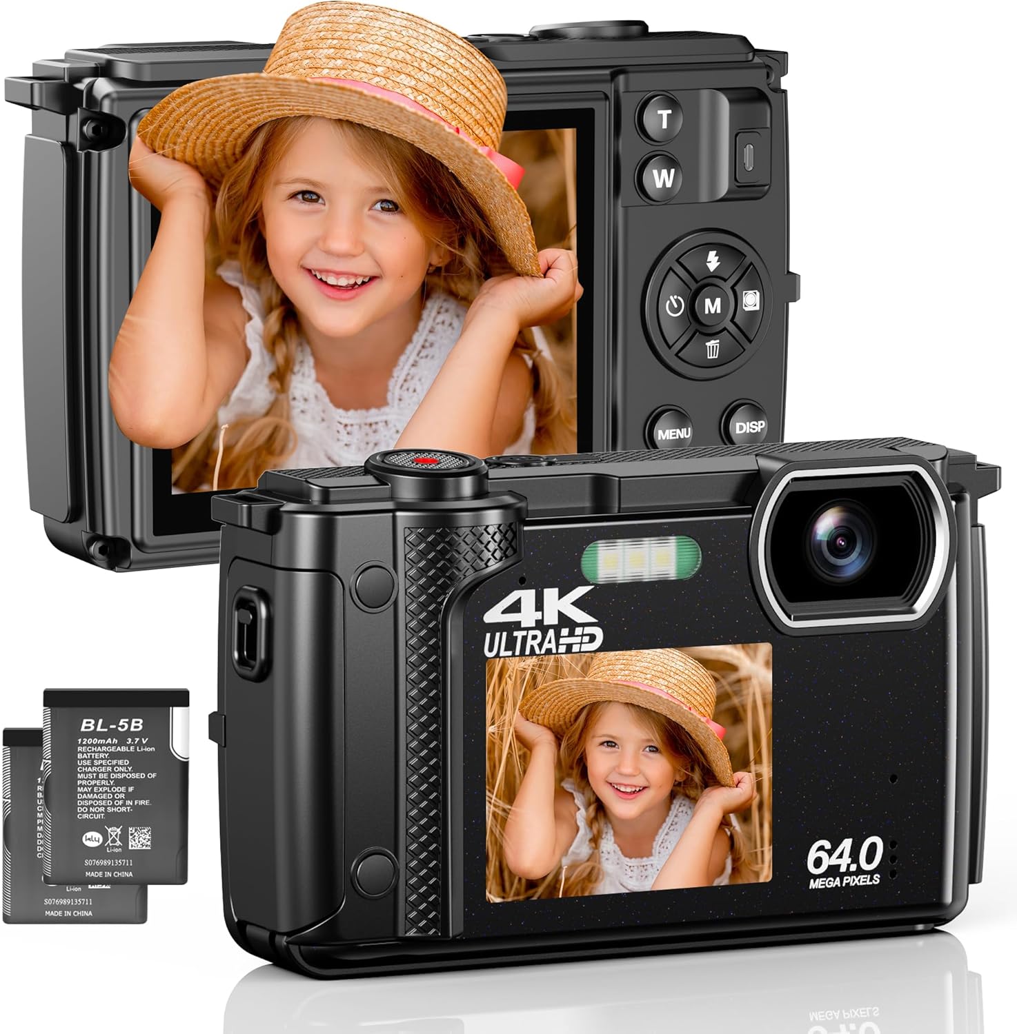 4K Digital Camera, 64MP Dual-Lens Vlogging Camera for Photography and Video 30FPS, Autofocus Anti-Shake, Selfie YouTube Camera, Digital Camera with Flash, SD Card, 2 Batteries