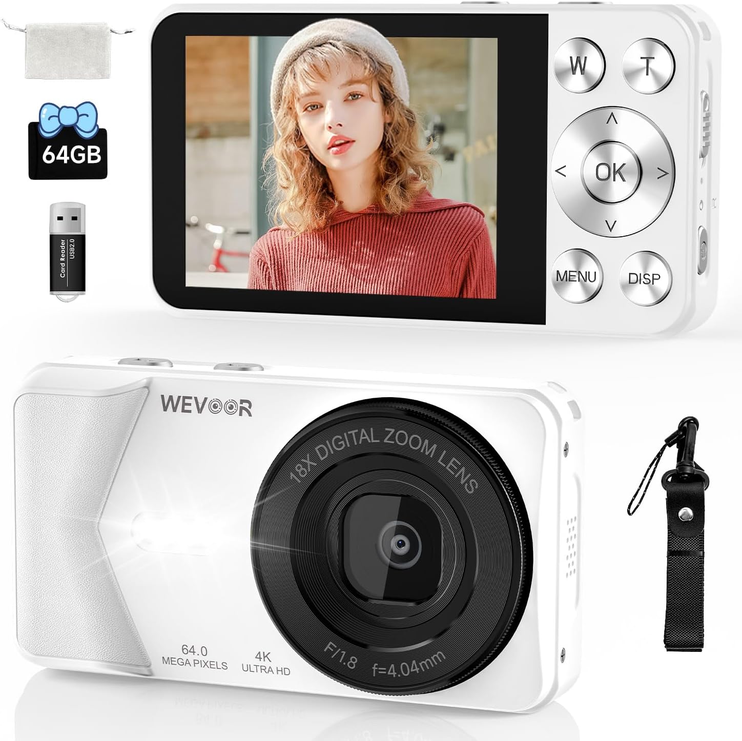4K Digital Camera, Wevoor 64MP Point and Shoot Digital Camera with Autofocus, 18X Zoom, 20 Filters, 64GB SD Card, 2000 mAh Battery, 2.8″ Screen Compact Vlogging Camera for Beginners Teens Adult(White)