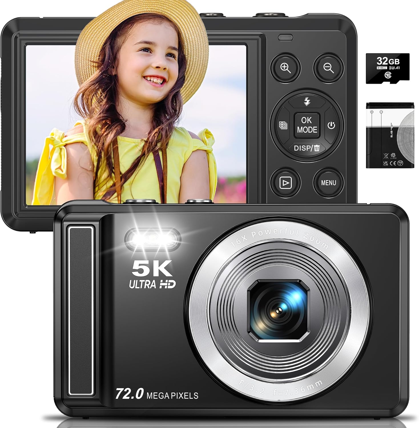 5K Digital Camera – 72MP UHD Digital Cameras for Photography – Autofocus Point and Shoot Small Camera with Flash for Kids – 2.8 Inch Screen Compact Portable Vlogging Camara with 16X Zoom, 32GB SD Card