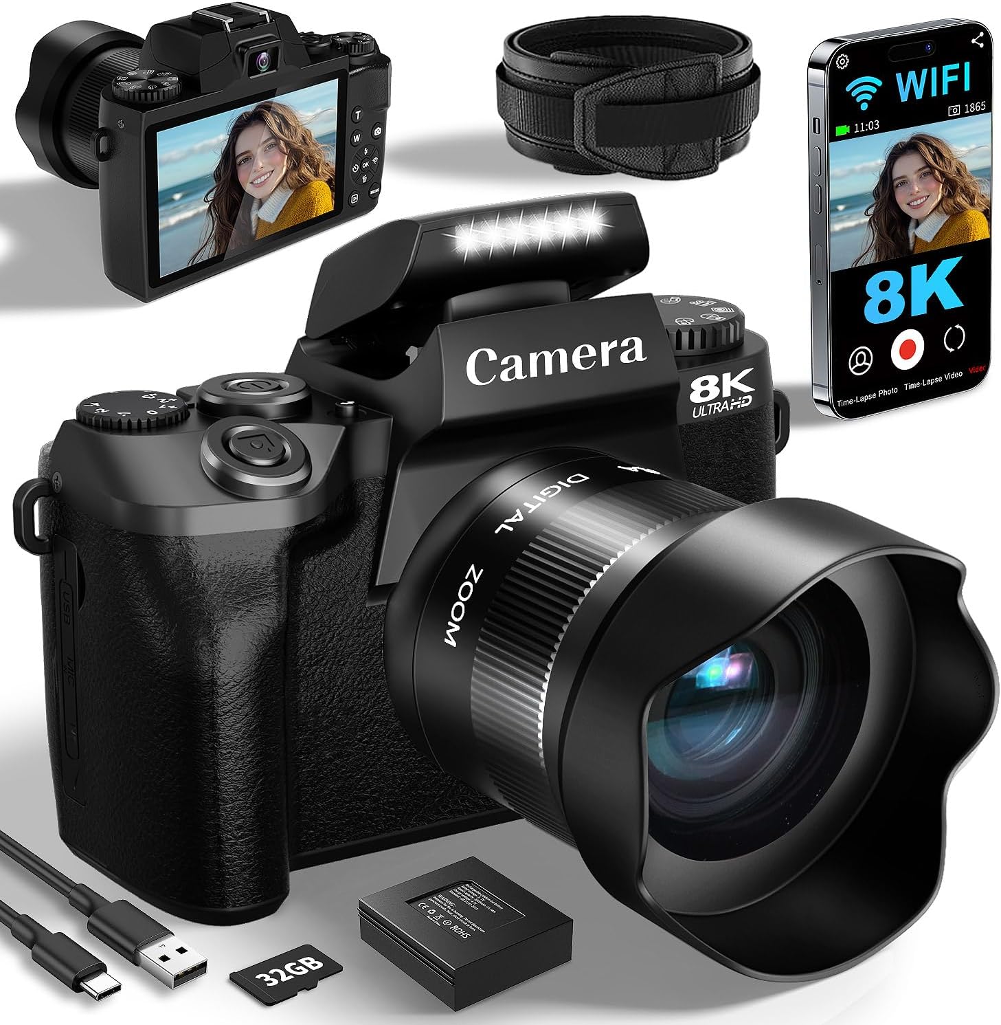 8K Digital Cameras for Photography, WiFi 64MP Vlogging Camera for YouTube, 4″ Touch Screen Professional Camera with Dual Lens, Auto Focu, 16X Digital Zoom, 3000mAh Batteries, 32GB Card, Black